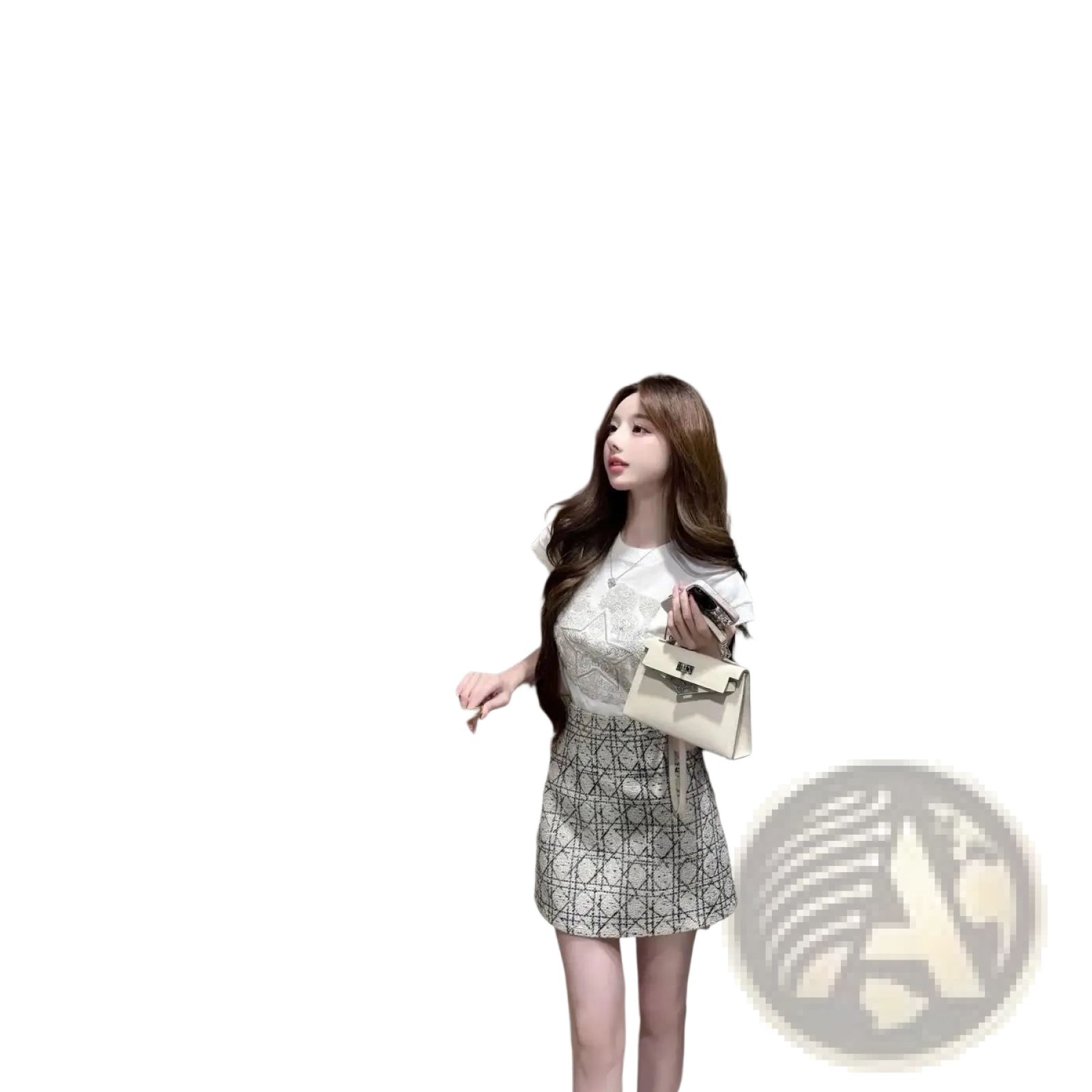 A cream-colored structured handbag with an interlocking logo pattern paired with a beige knit t shirt elegant round neck