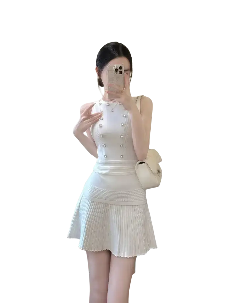 White sleeveless knit tank top and pleated skirt set with pearl button closure type and length 40cm size information