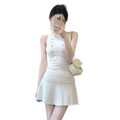 White sleeveless knit dress with silver button closure type and pleated skirt length 40cm in knit tank top set