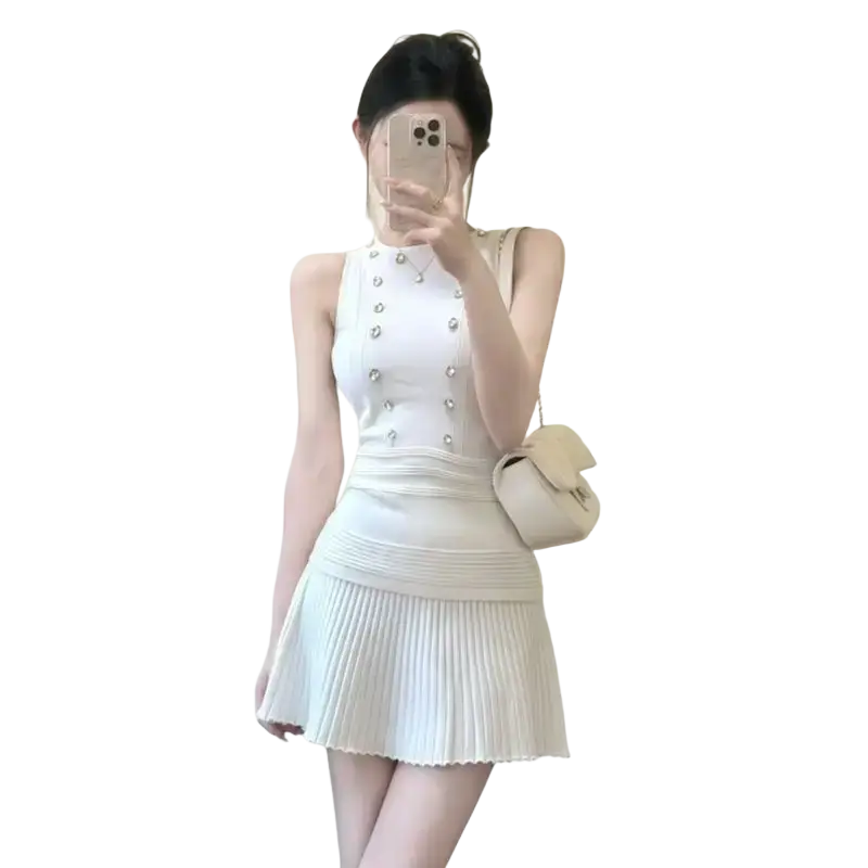 White sleeveless knit dress with silver button closure type and pleated skirt length 40cm in knit tank top set