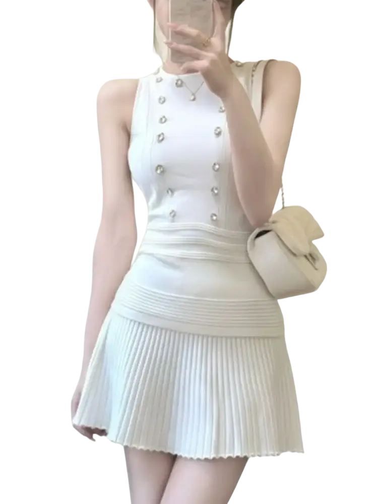 White sleeveless knit tank top and pleated skirt set with silver button closure type and length 40cm size information