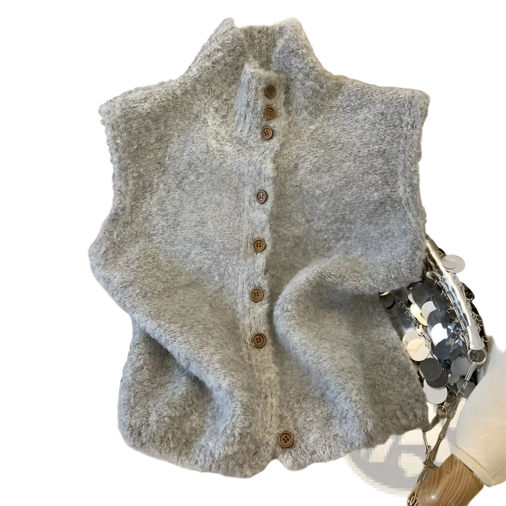 A soft fluffy gray knit sleeveless vest with high neck and brown wooden buttons suitable for layering