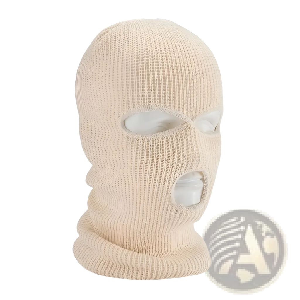 Beige knitted balaclava with eye and mouth openings made of warm material for cycling and outdoor use