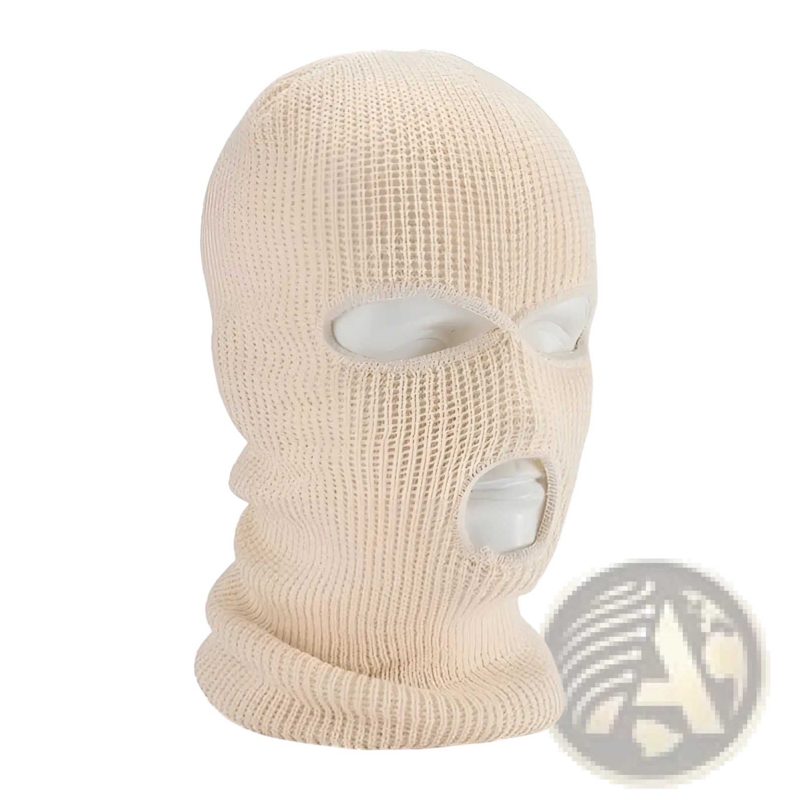 Beige knitted balaclava with eye and mouth openings made of warm material for cycling and outdoor use