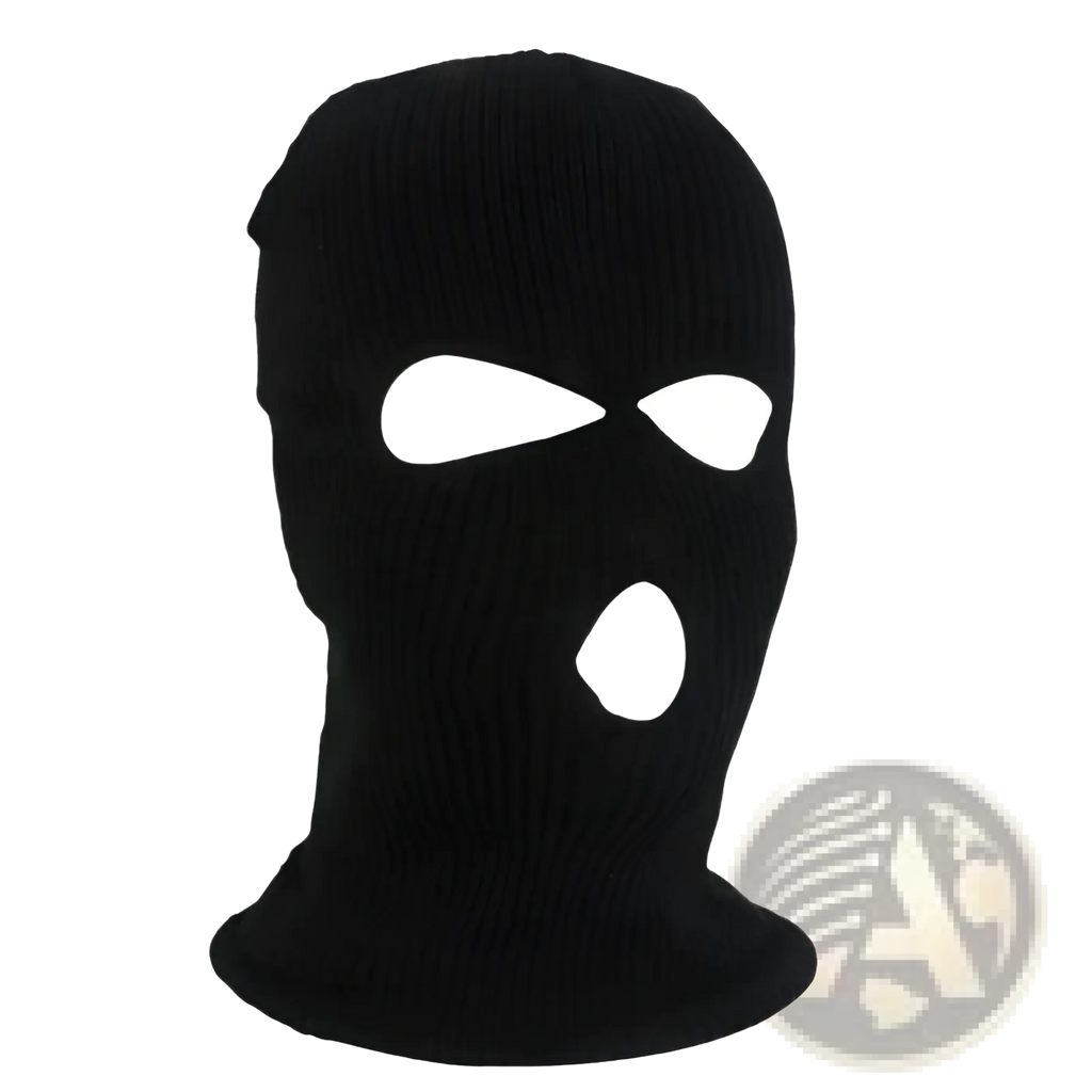 Black knitted balaclava mask with white eye and mouth cutouts designed for warm cycling protection