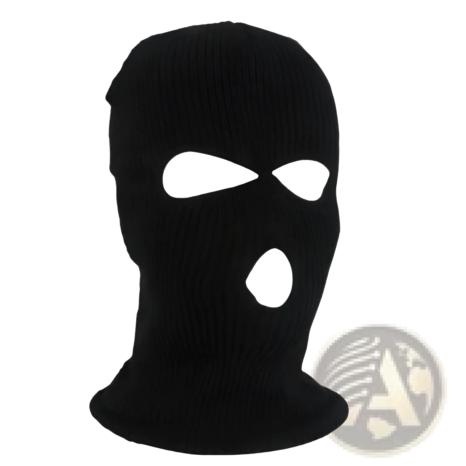 Black knitted balaclava mask with white eye and mouth cutouts designed for warm cycling protection