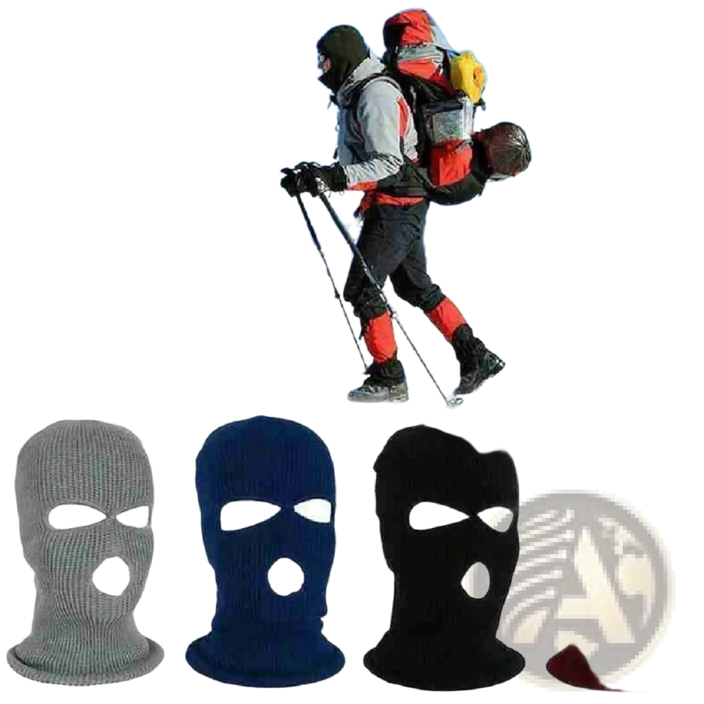 Knitted balaclava warm cycling mask in gray navy blue black and maroon with eye and mouth openings displayed front side