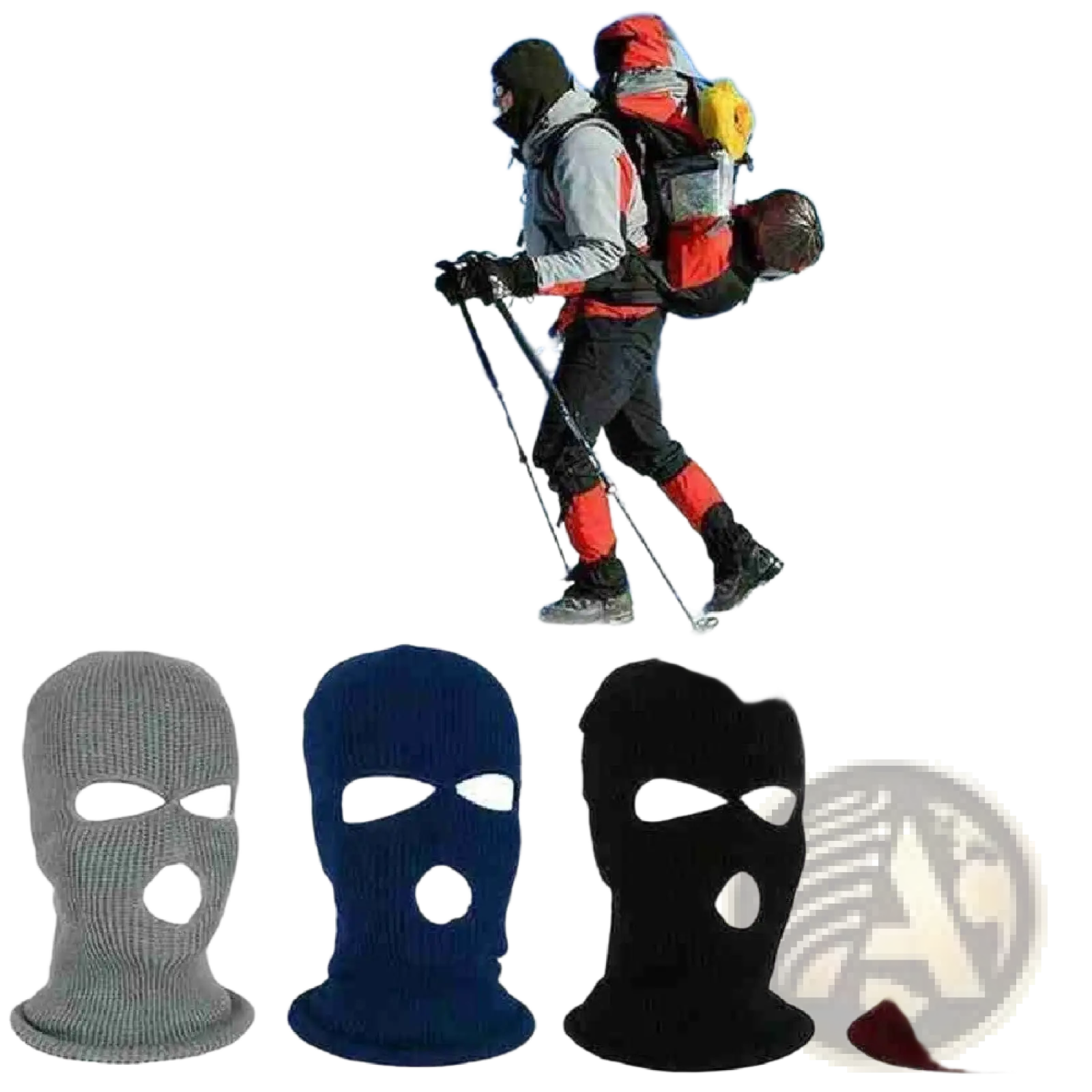 Knitted balaclava warm cycling mask in gray navy blue black and maroon with eye and mouth openings displayed front side