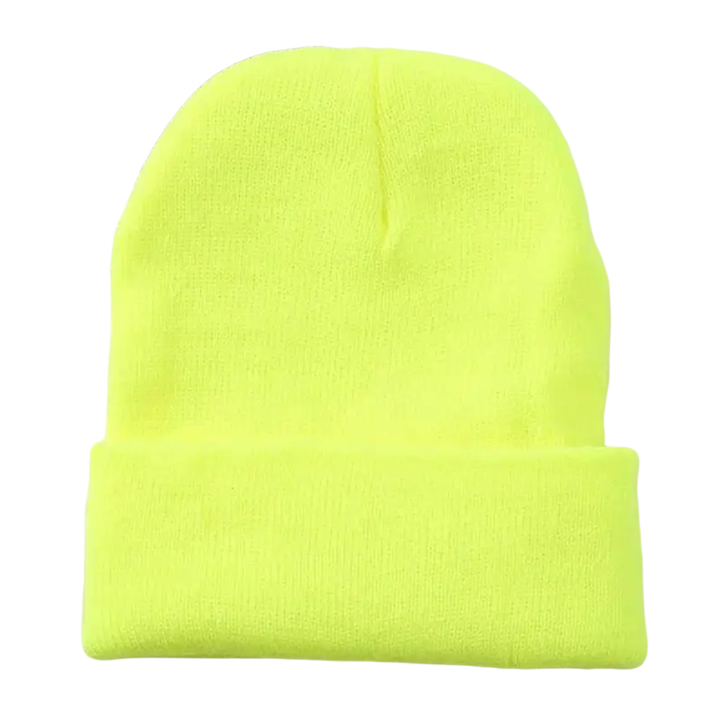 A bright neon yellow knit beanie with a folded cuff perfect for casual winter wear and china post shipping options