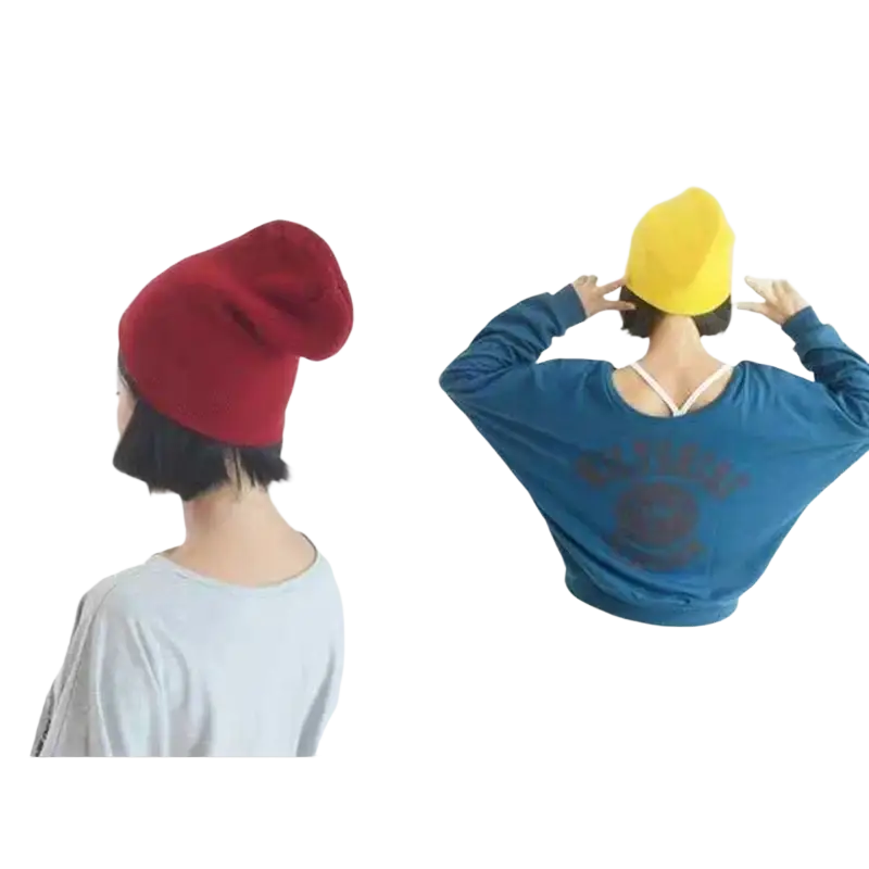 A cozy slouchy knit beanie hat in vibrant red or sunny yellow made for casual unisex winter wear with china post customer service