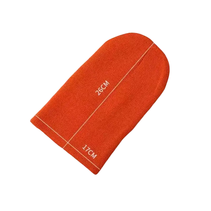 Orange knitted beanie hat with white stitching and printed measurements, casual unisex winter cap for customer service china post