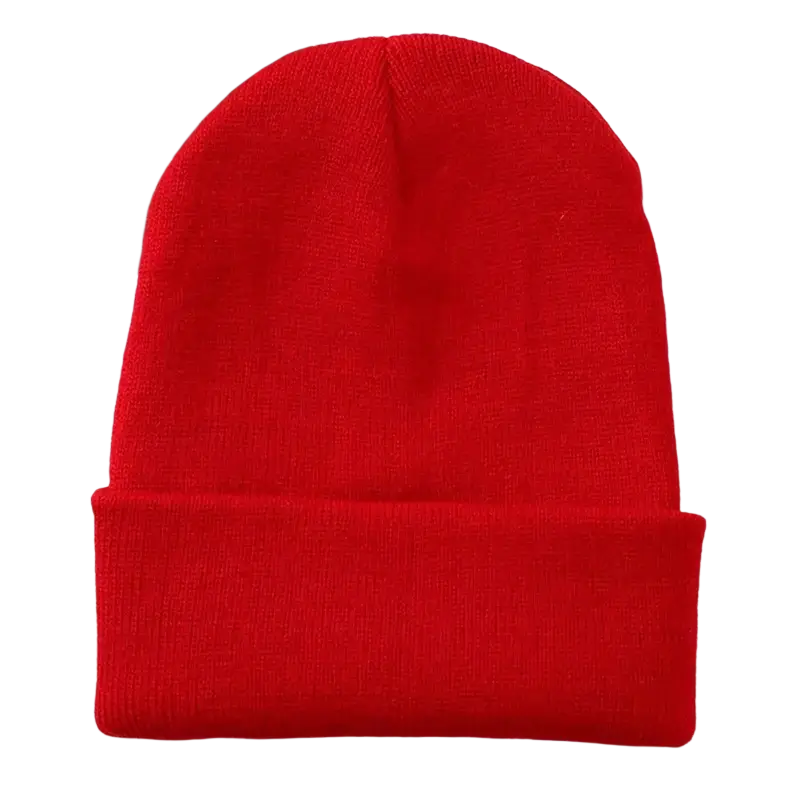 A vibrant red knitted beanie with folded cuff made in china post style for casual unisex winter wear customer service ready