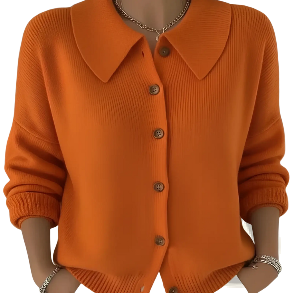 Vibrant orange ribbed knit cardigan womens loose casual sweater with classic collar and wooden buttons