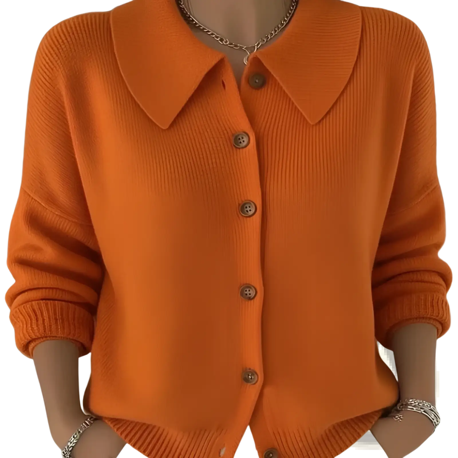 Vibrant orange ribbed knit cardigan womens loose casual sweater with classic collar and wooden buttons