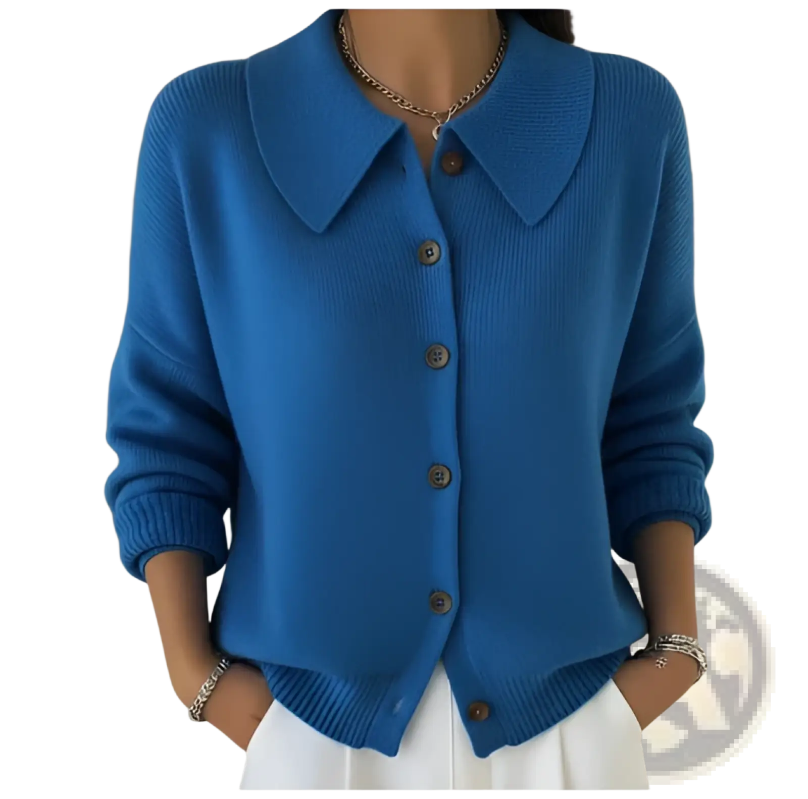 A vibrant blue ribbed knit cardigan with classic collar and wooden buttons for womens casual wear