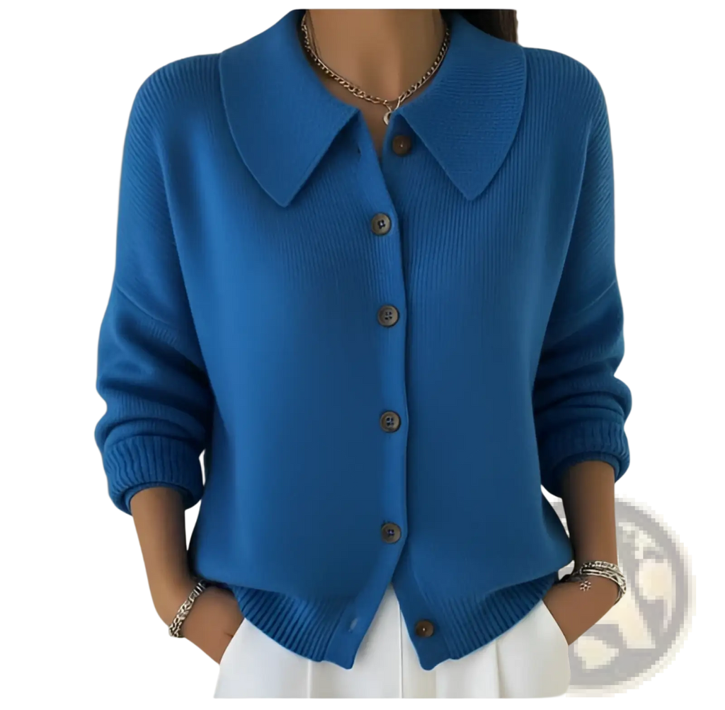 A vibrant cobalt blue knitted button cardigan womens loose casual sweater with classic collar and matching brown buttons