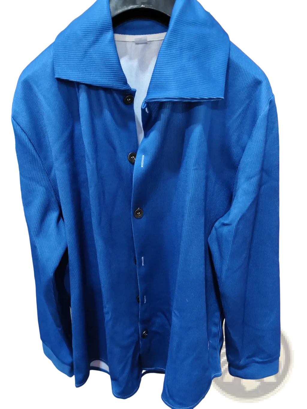 Blue corduroy button-up shirt with collar and dark buttons shown with knitted button cardigan womens loose casual sweater