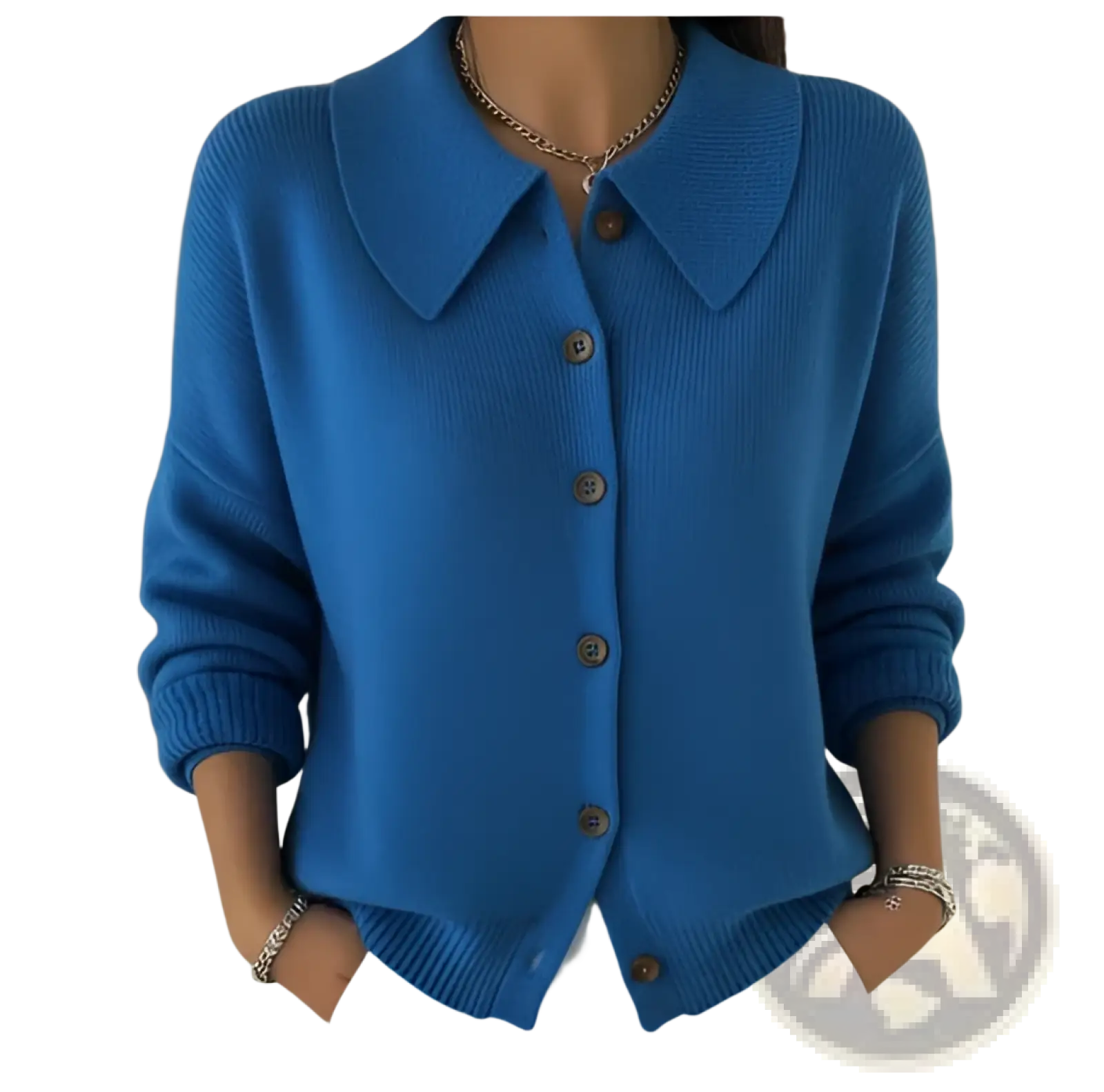 A vibrant blue knitted button cardigan for women with a classic collar and wooden buttons for casual wear