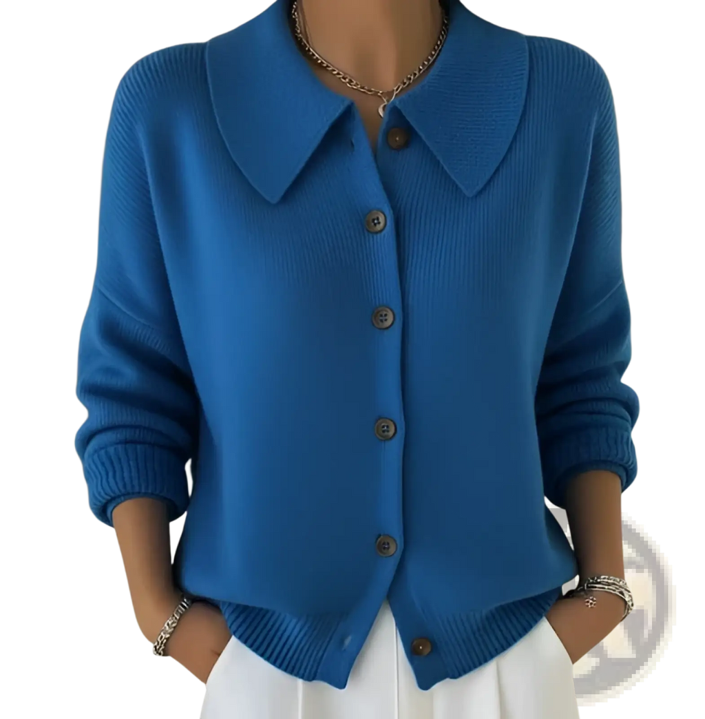 A vibrant blue knitted button cardigan womens loose casual sweater with classic collar and brown buttons