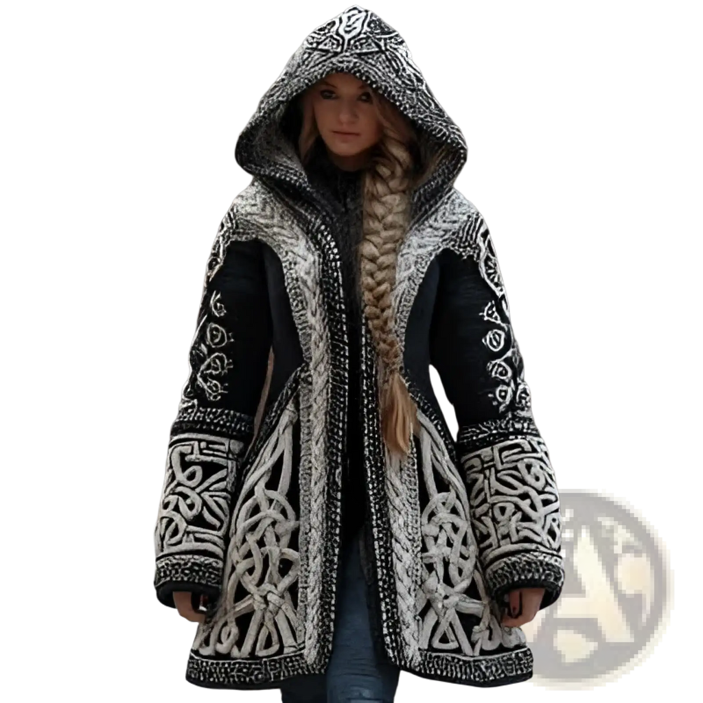 Black and white knitted hooded coat with intricate celtic knot patterns for women loose round neck long cardigan