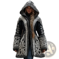 Black and white knitted hooded coat with intricate celtic knot patterns for women loose round neck long cardigan