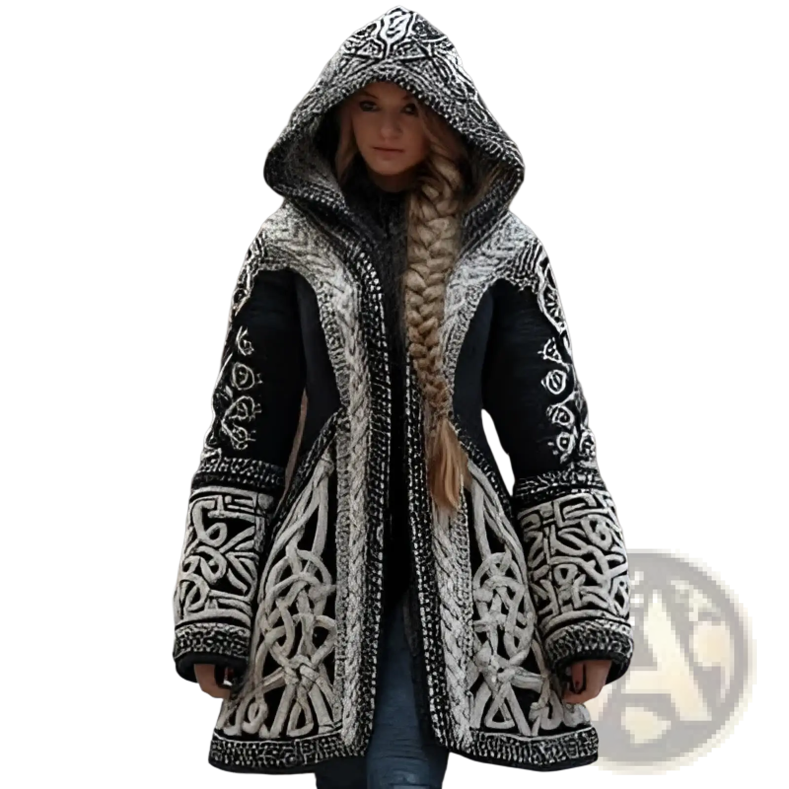 Black and white knitted hooded coat with intricate celtic knot patterns for women loose round neck long cardigan