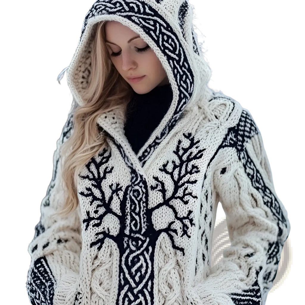 Cream-colored knitted cardigan with hood featuring intricate black celtic knot and tree-of-life patterns and thick cable-knit details