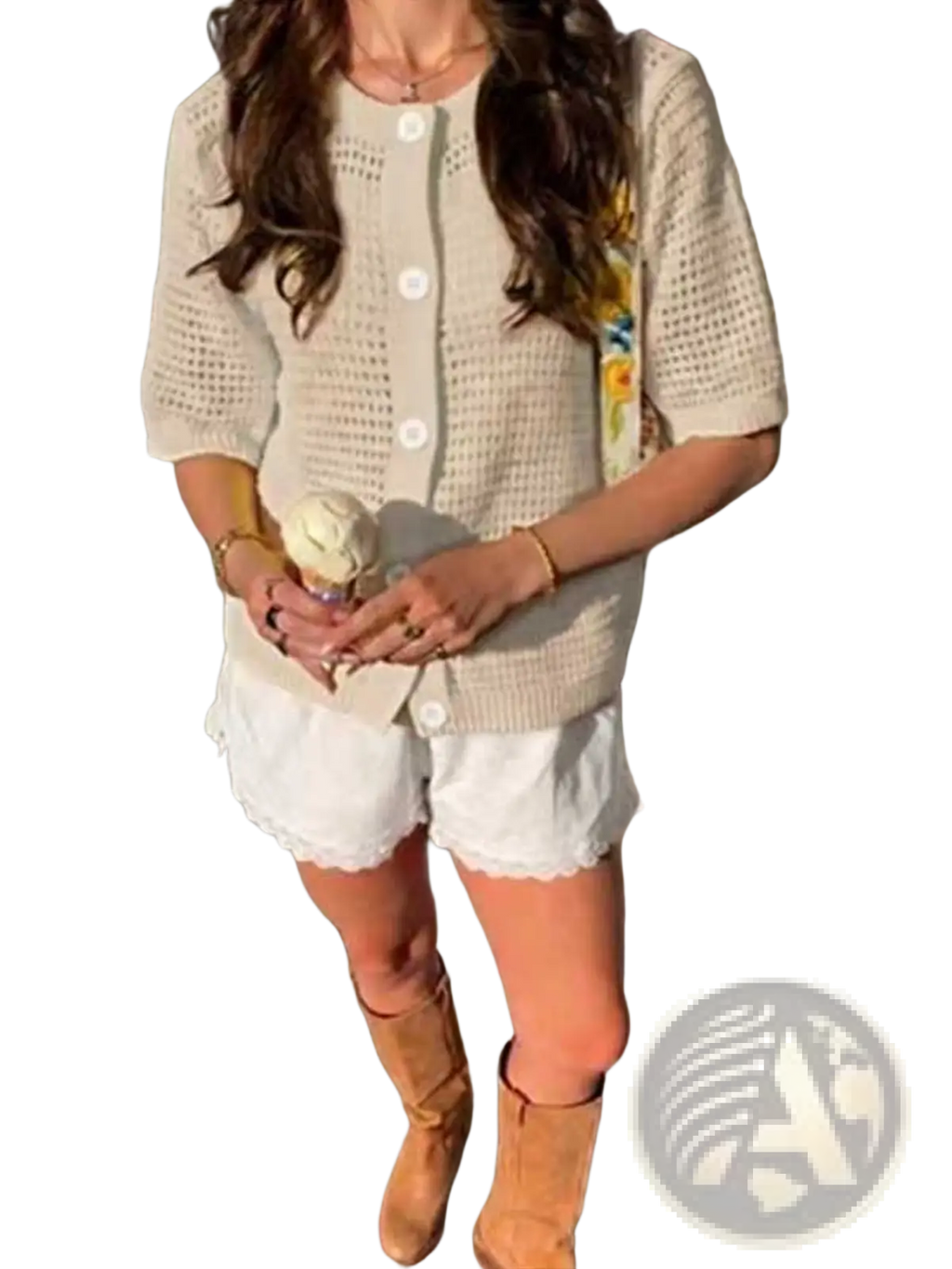 Cream-colored short-sleeved knitted cardigan sweater with button-front and openwork pattern for lightweight layering
