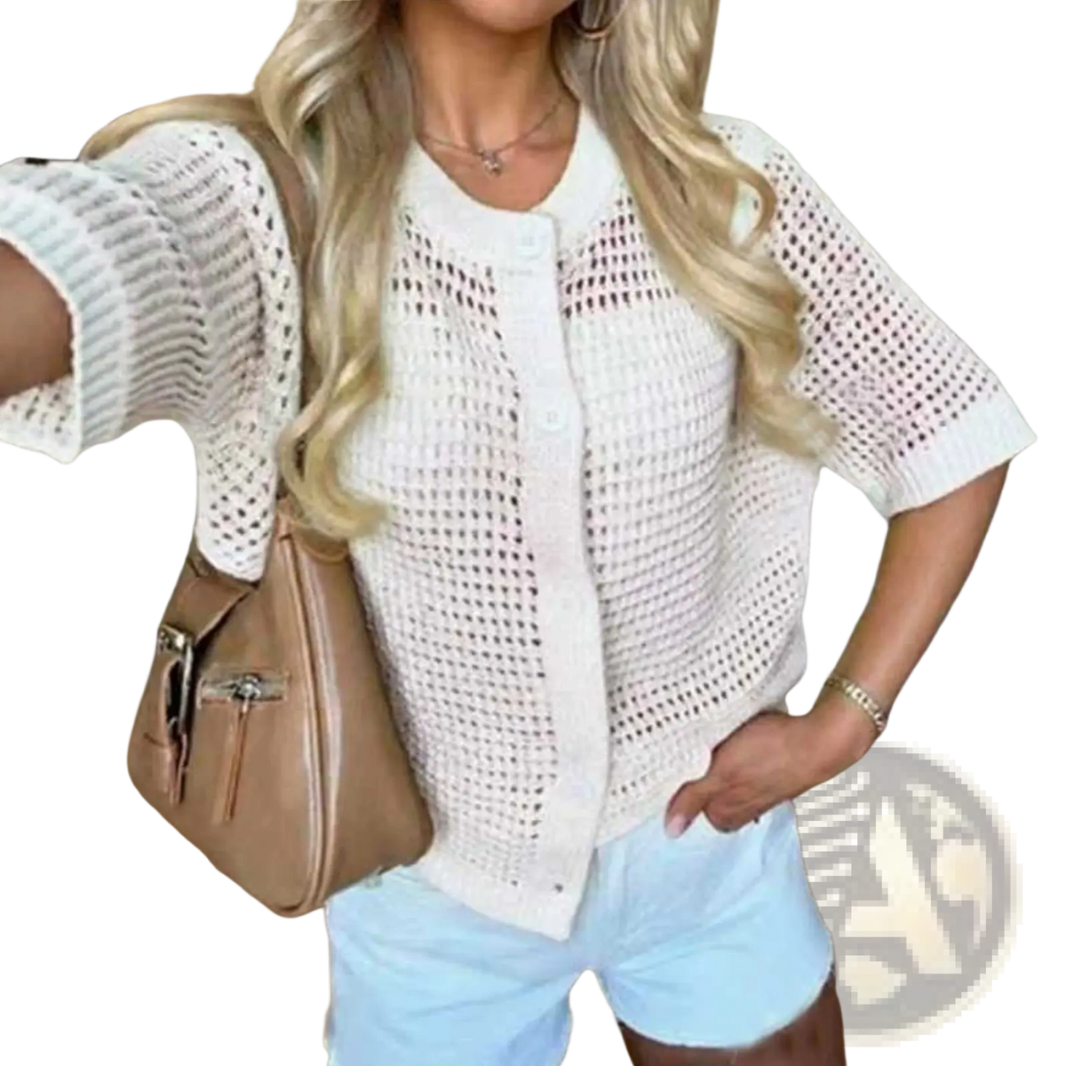 White knitted cardigan sweater with openwork mesh pattern and short sleeves perfect for layering in spring