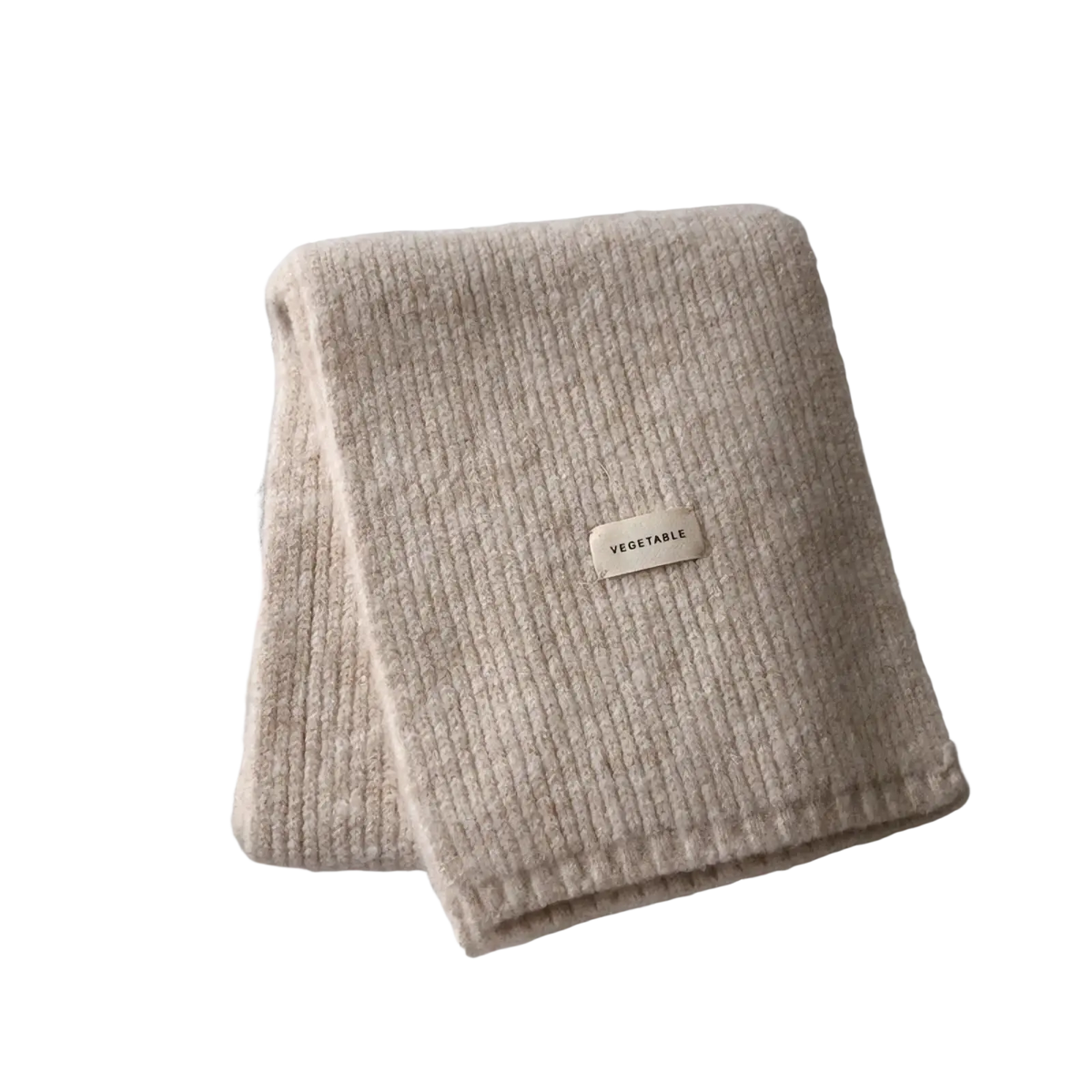 Beige ribbed knit cashmere winter scarf for women with a small rectangular vegetable label