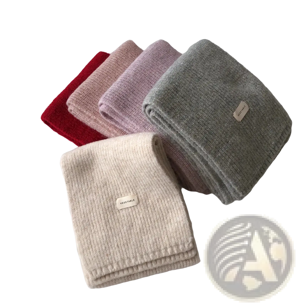 A collection of five folded ribbed knit cashmere scarves for women in red pink lavender gray and beige winter colors