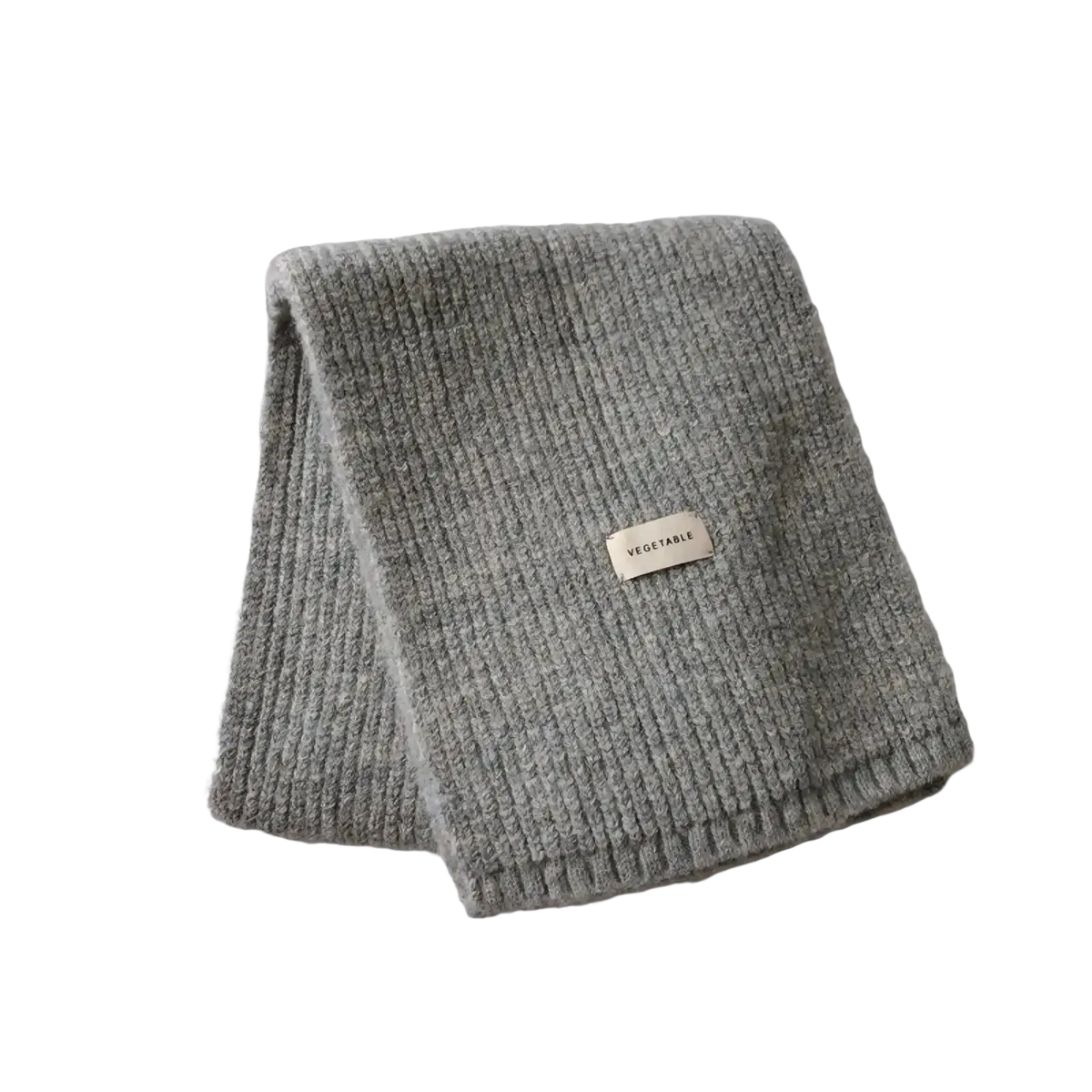 A soft heather gray ribbed knit cashmere winter scarf for women with subtle texture and vegetable brand tag