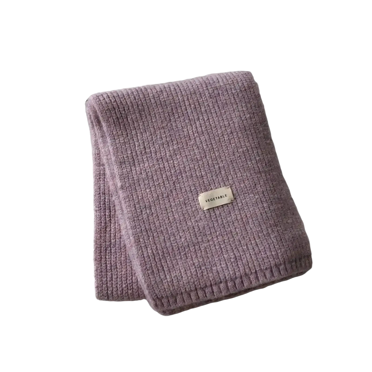 A soft lavender cashmere winter scarf with ribbed texture and metallic vegetable label for women