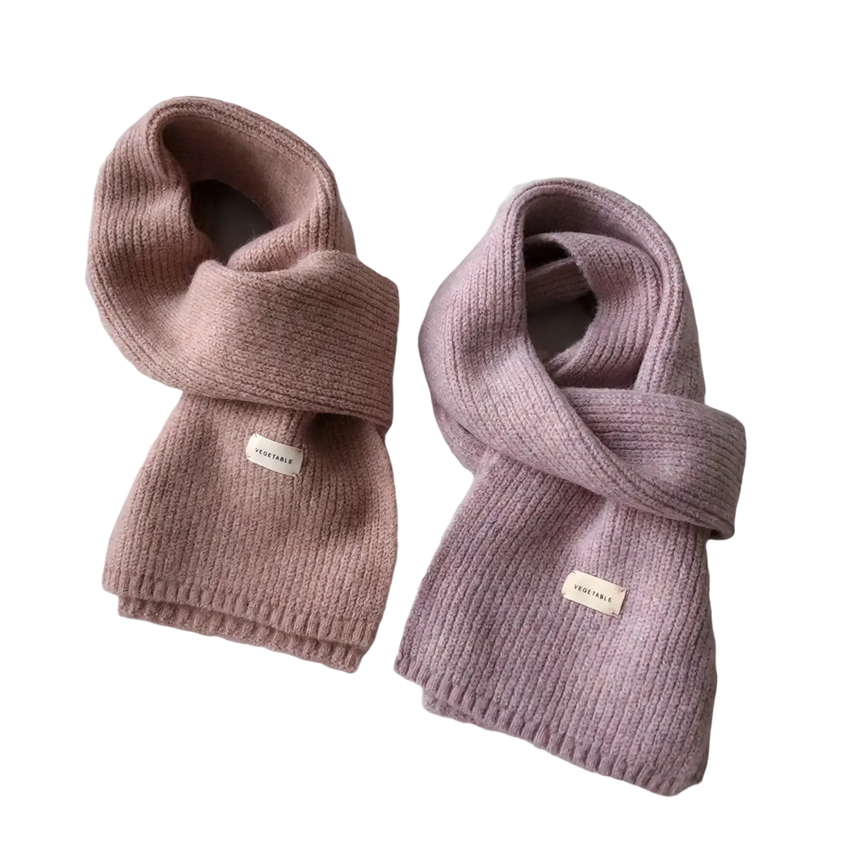Two soft ribbed knit cashmere winter scarves for women in muted pink and lavender with vegetable labels