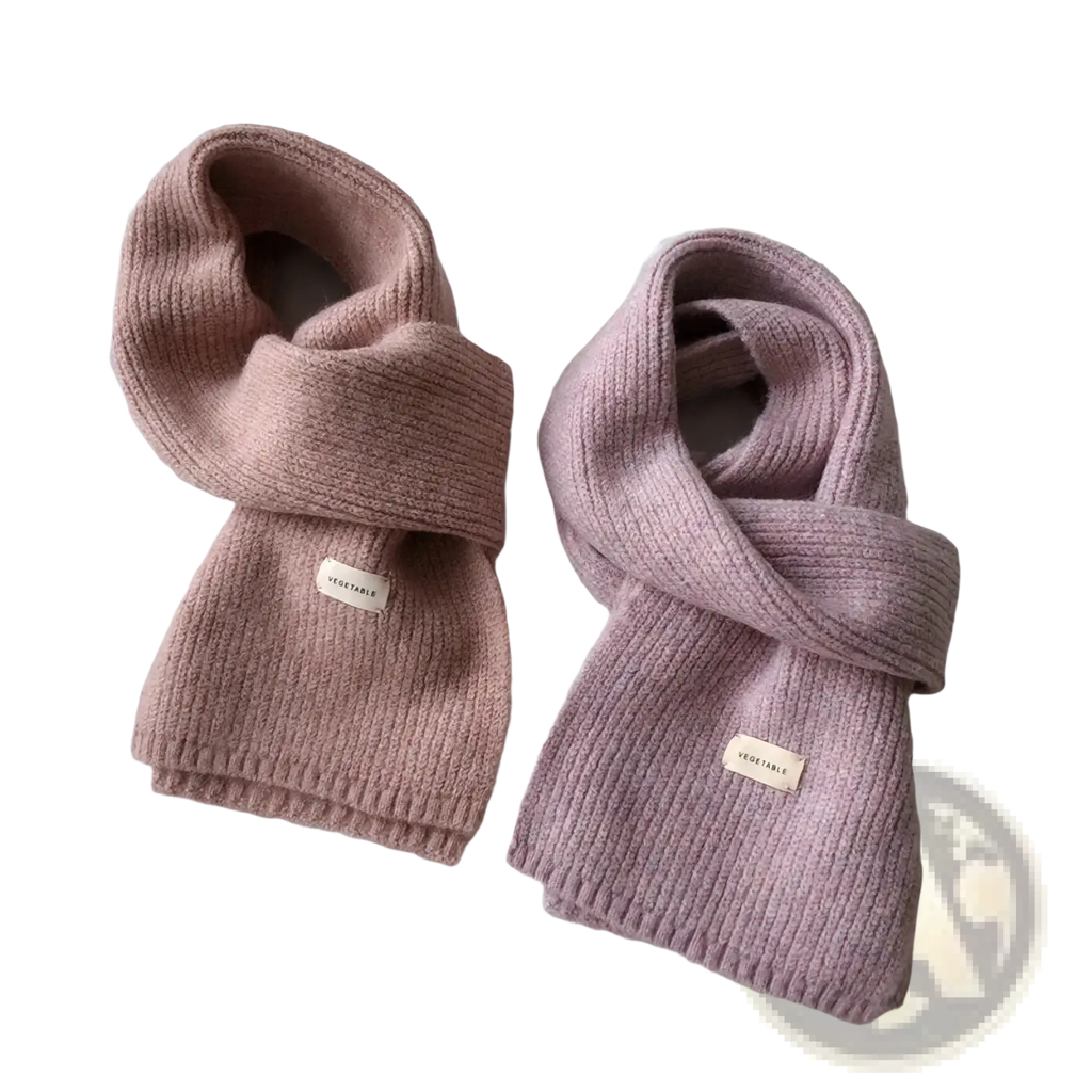 Two soft ribbed knit cashmere winter scarves for women in muted pink and lavender with vegetable labels