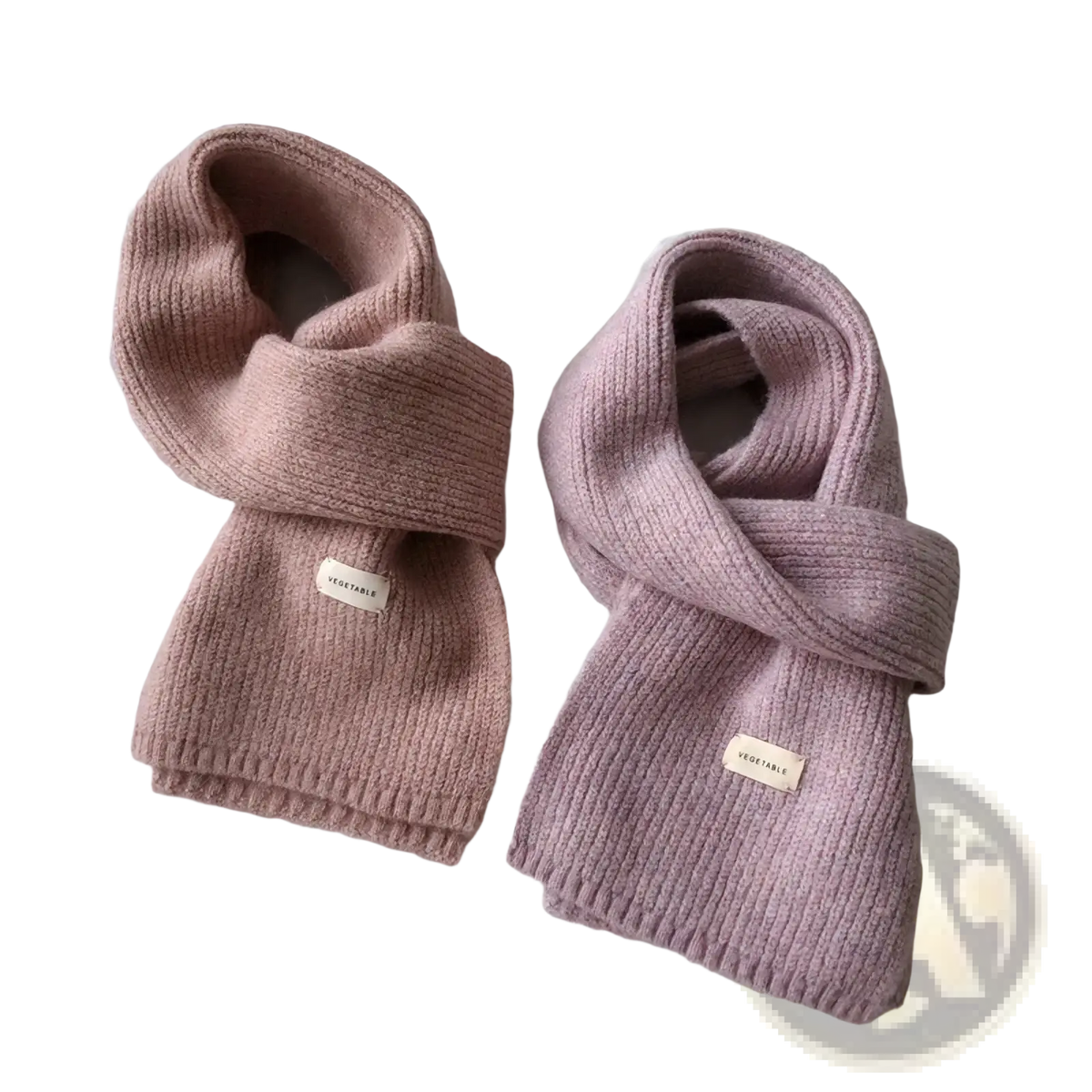 Two soft ribbed knit cashmere winter scarves for women in muted pink and lavender with vegetable labels