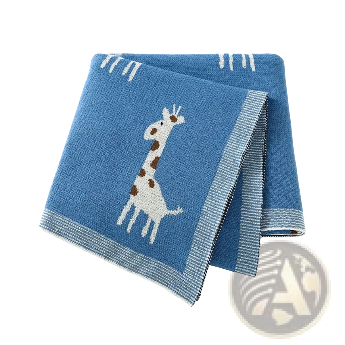 Blue knitted cotton baby blanket featuring a white giraffe with brown spots and striped border details
