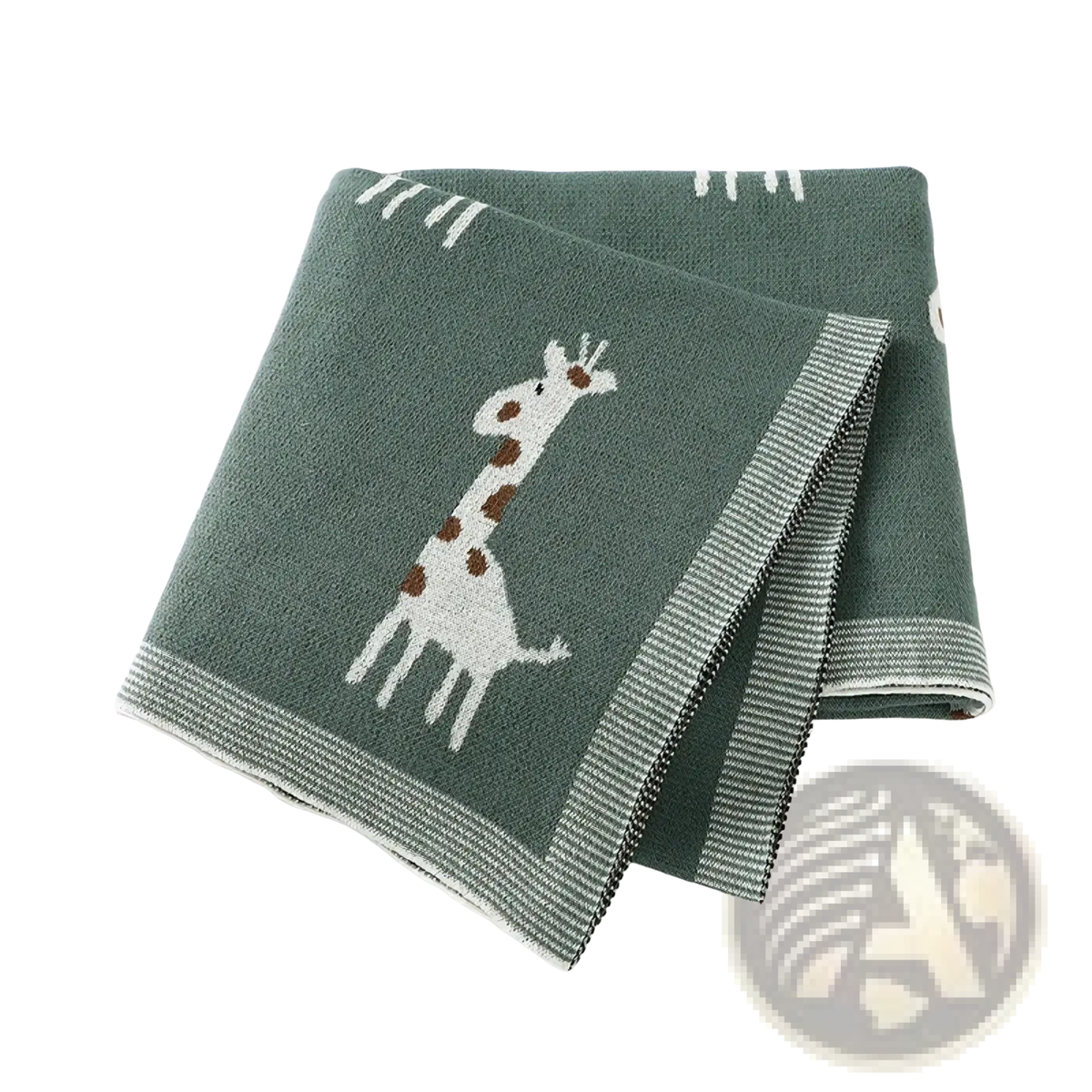 A soft green knitted cotton baby blanket featuring a white giraffe with brown spots and striped borders