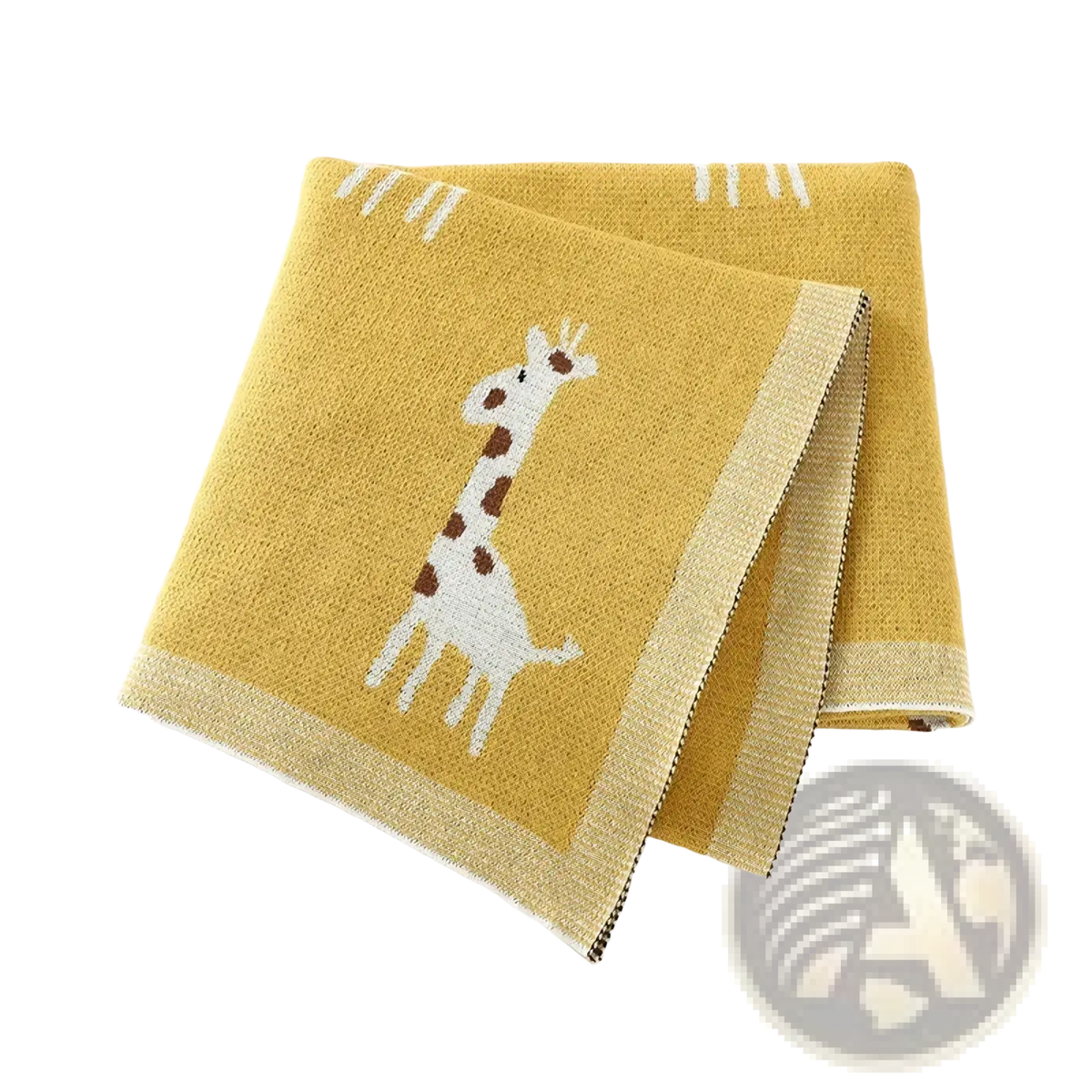 A soft yellow knitted cotton baby blanket featuring a white giraffe with brown spots and white decorative stripes