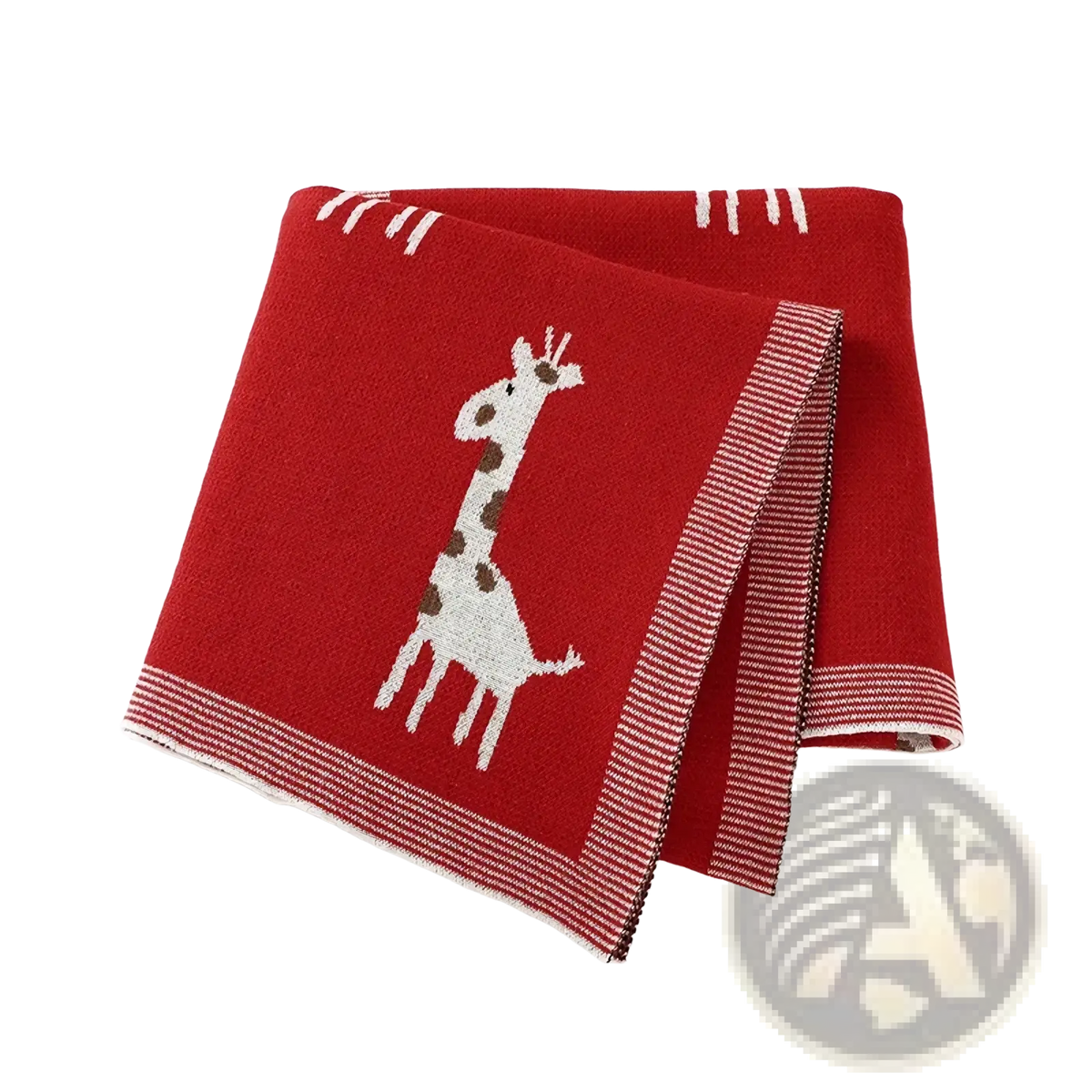 Red knitted cotton baby blanket with white and brown giraffe design and striped border for infants