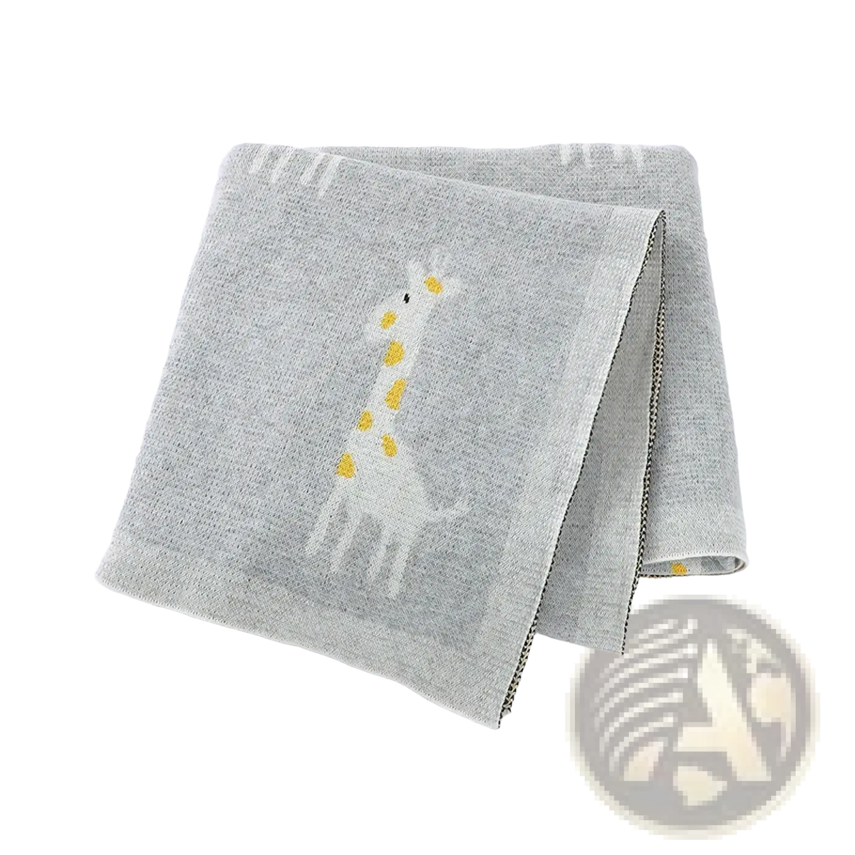Knitted cotton giraffe baby blanket in gray featuring a white giraffe with yellow spots perfect for infants