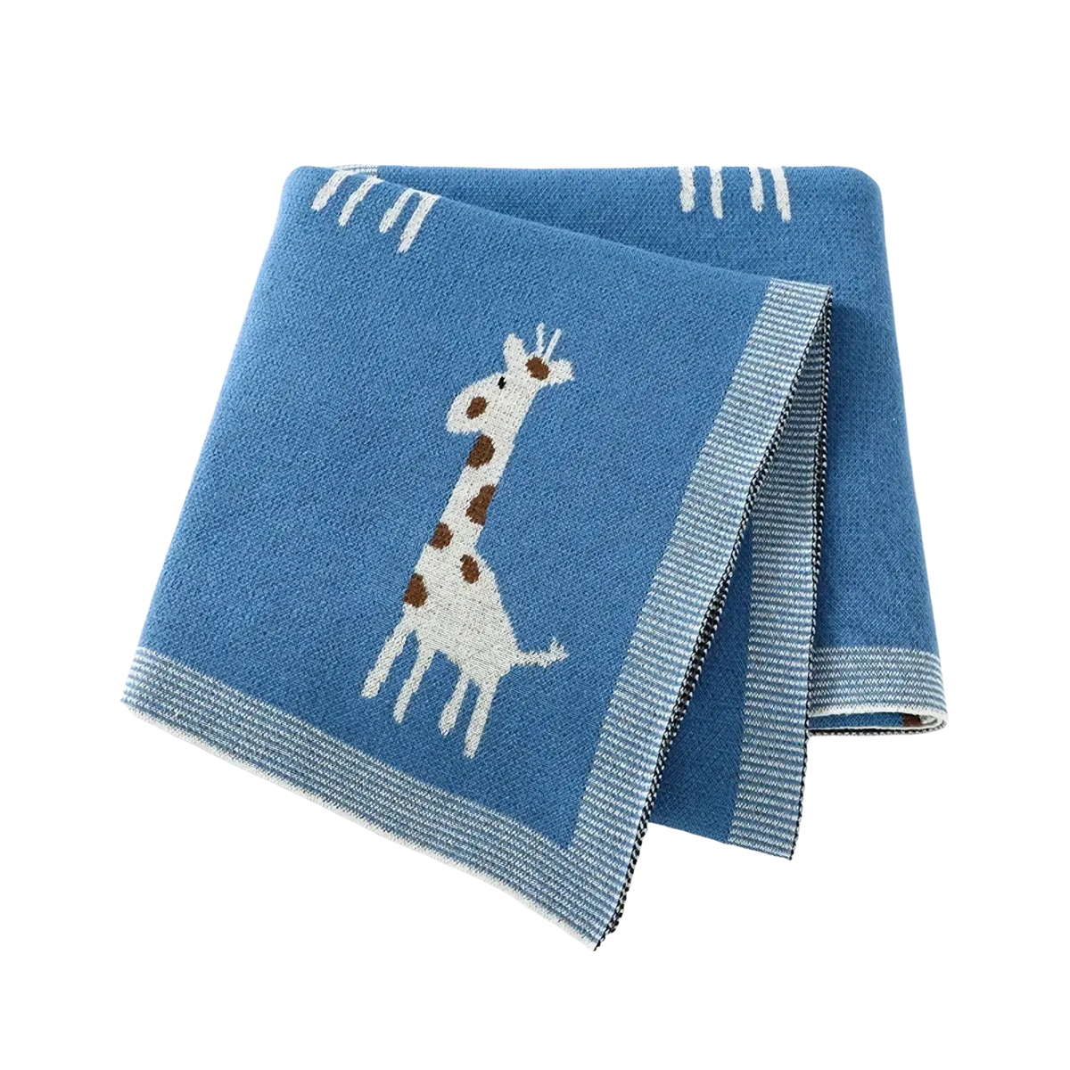 Blue knitted cotton baby blanket featuring a white giraffe with brown spots and striped border details