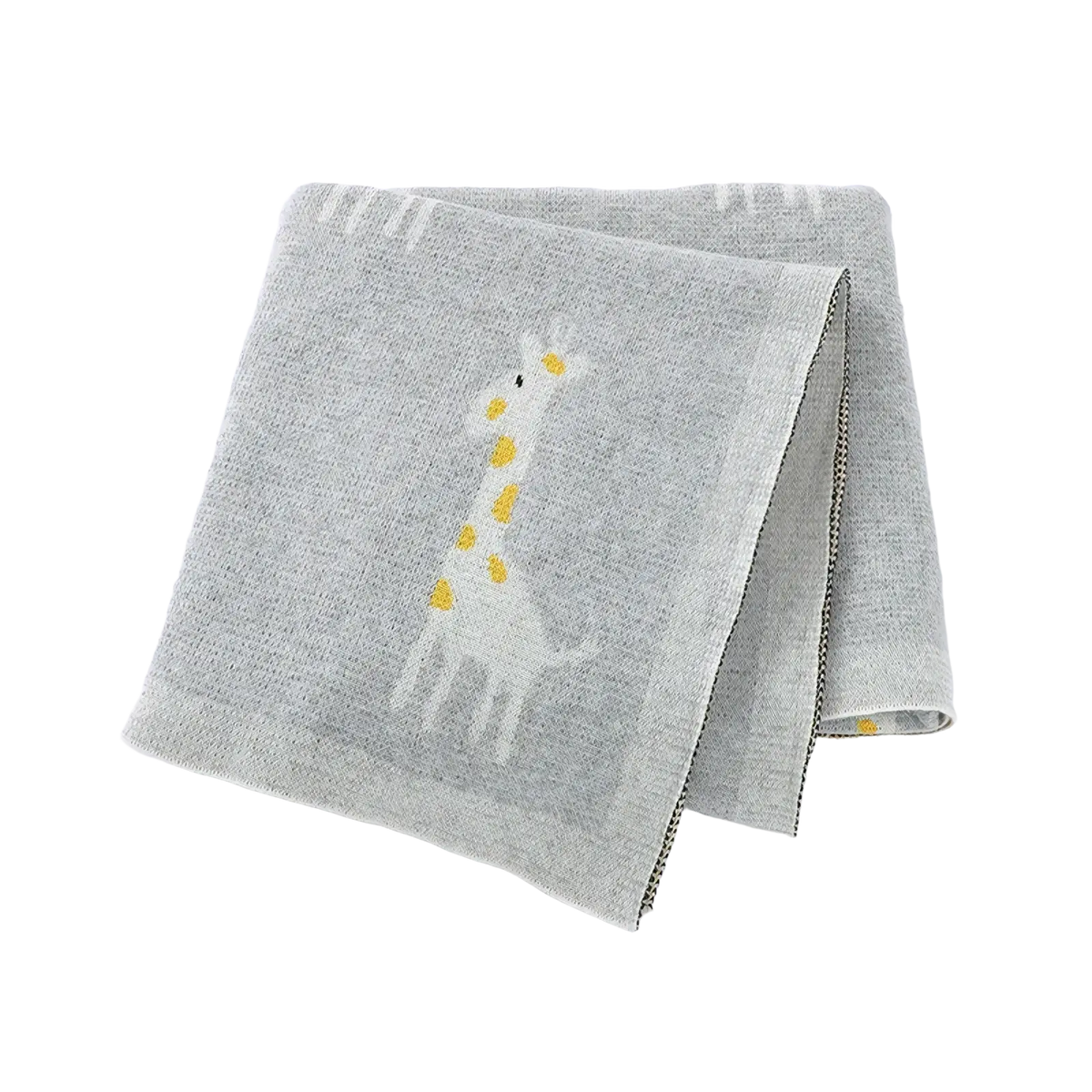 Knitted cotton giraffe baby blanket in gray featuring a white giraffe with yellow spots perfect for infants