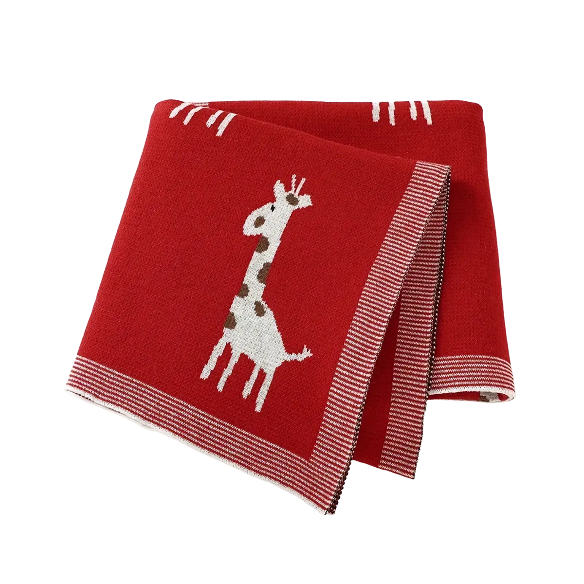 Red knitted cotton baby blanket with white and brown giraffe design and striped border for infants
