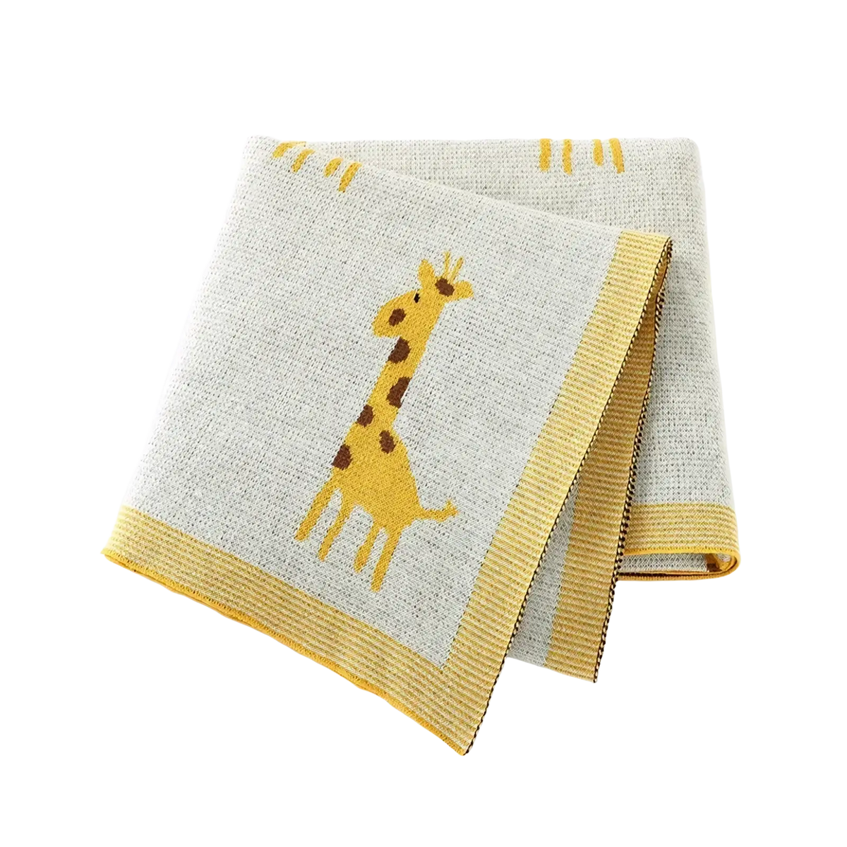Knitted cotton giraffe baby blanket in light gray with yellow giraffe design and matching yellow ribbed borders