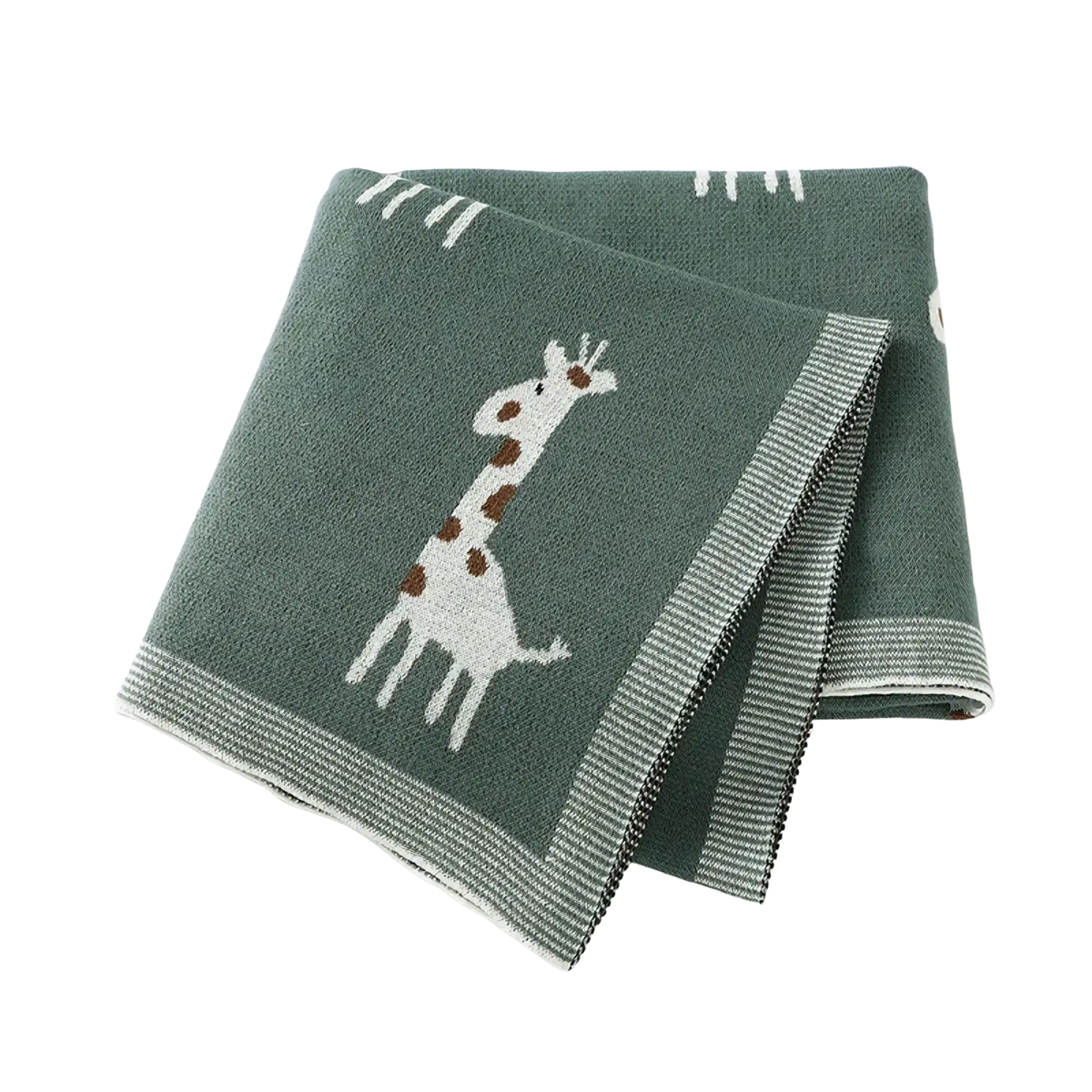 A soft green knitted cotton baby blanket featuring a white giraffe with brown spots and striped borders