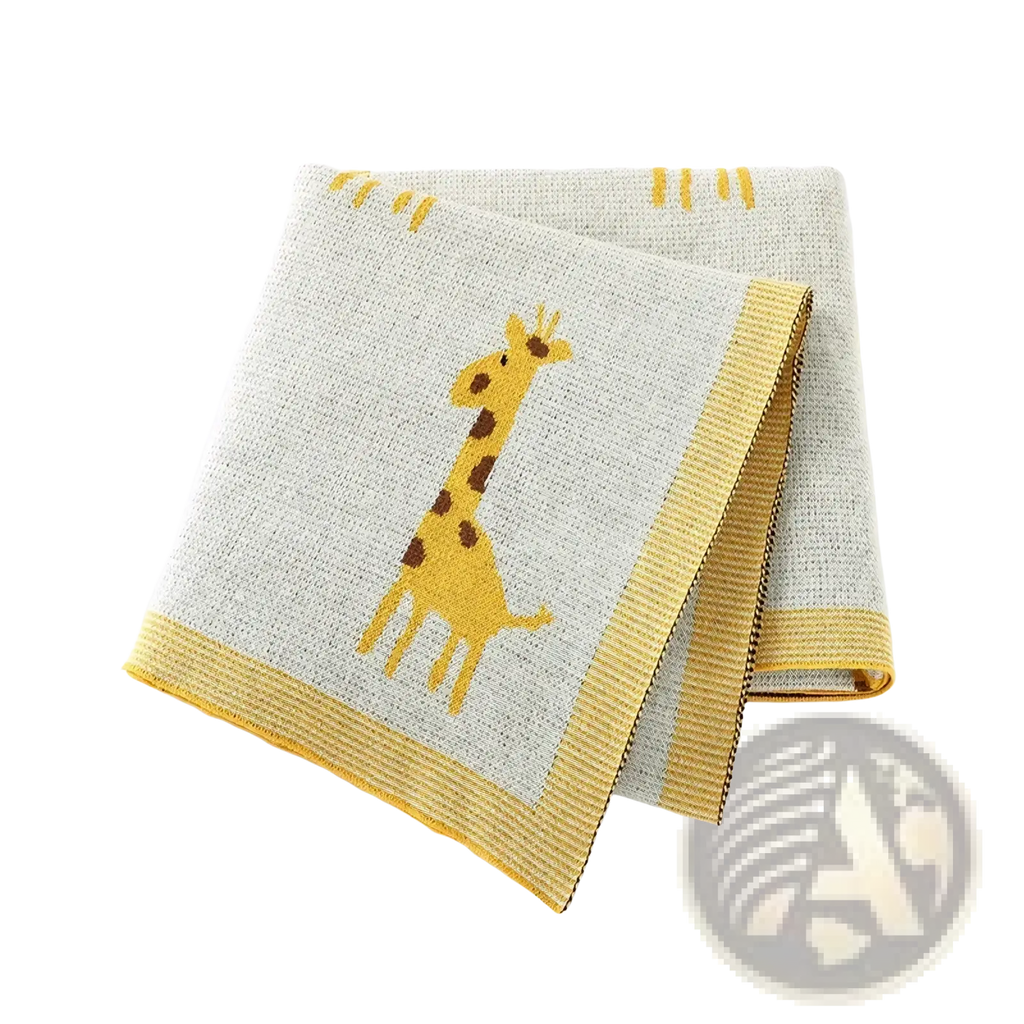 Knitted cotton giraffe baby blanket in light gray with yellow giraffe design and matching yellow ribbed borders