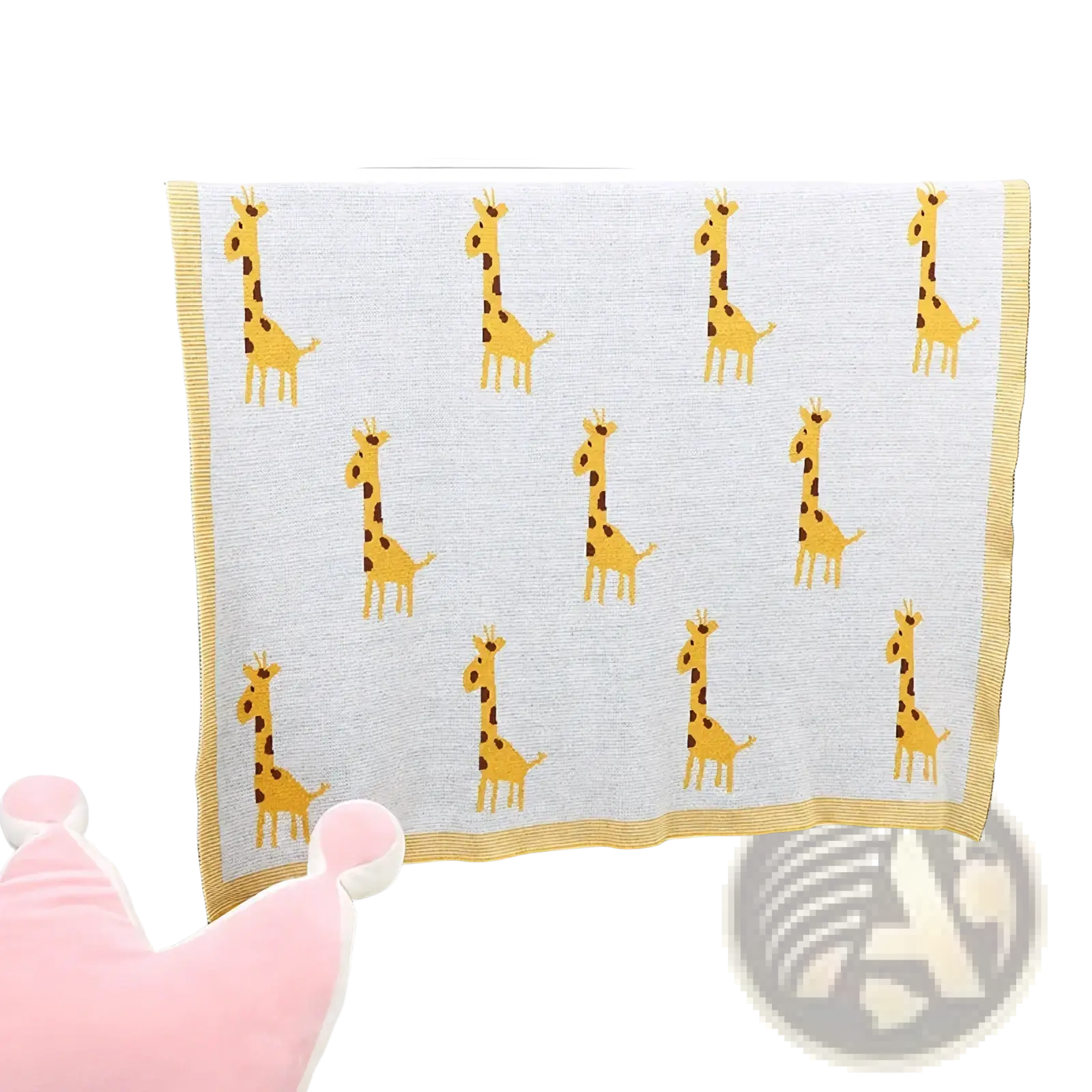 Knitted cotton giraffe baby blanket in soft light gray with yellow giraffe pattern and solid yellow border