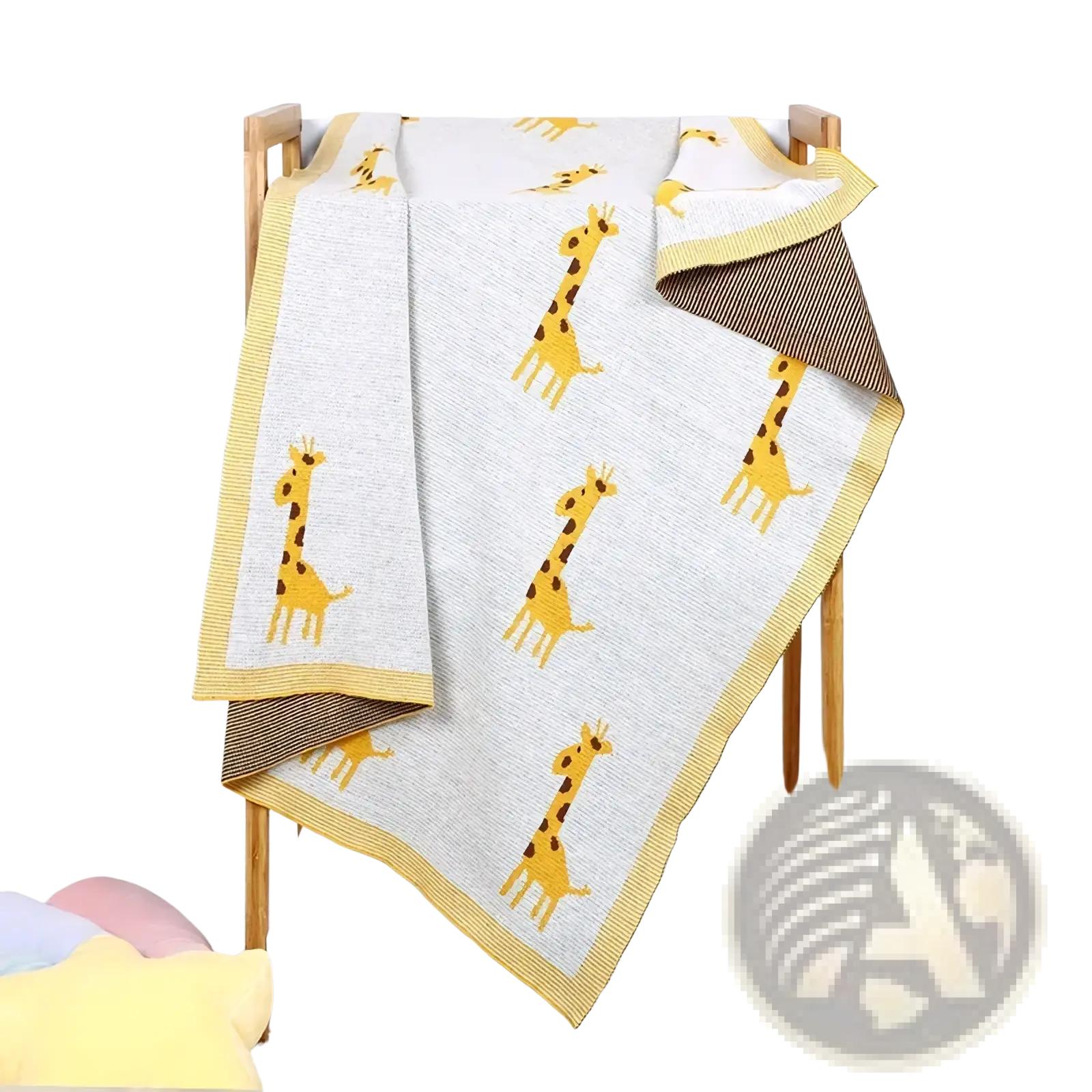 Knitted cotton giraffe baby blanket in soft light gray with yellow giraffe pattern brown spots and bright yellow trim