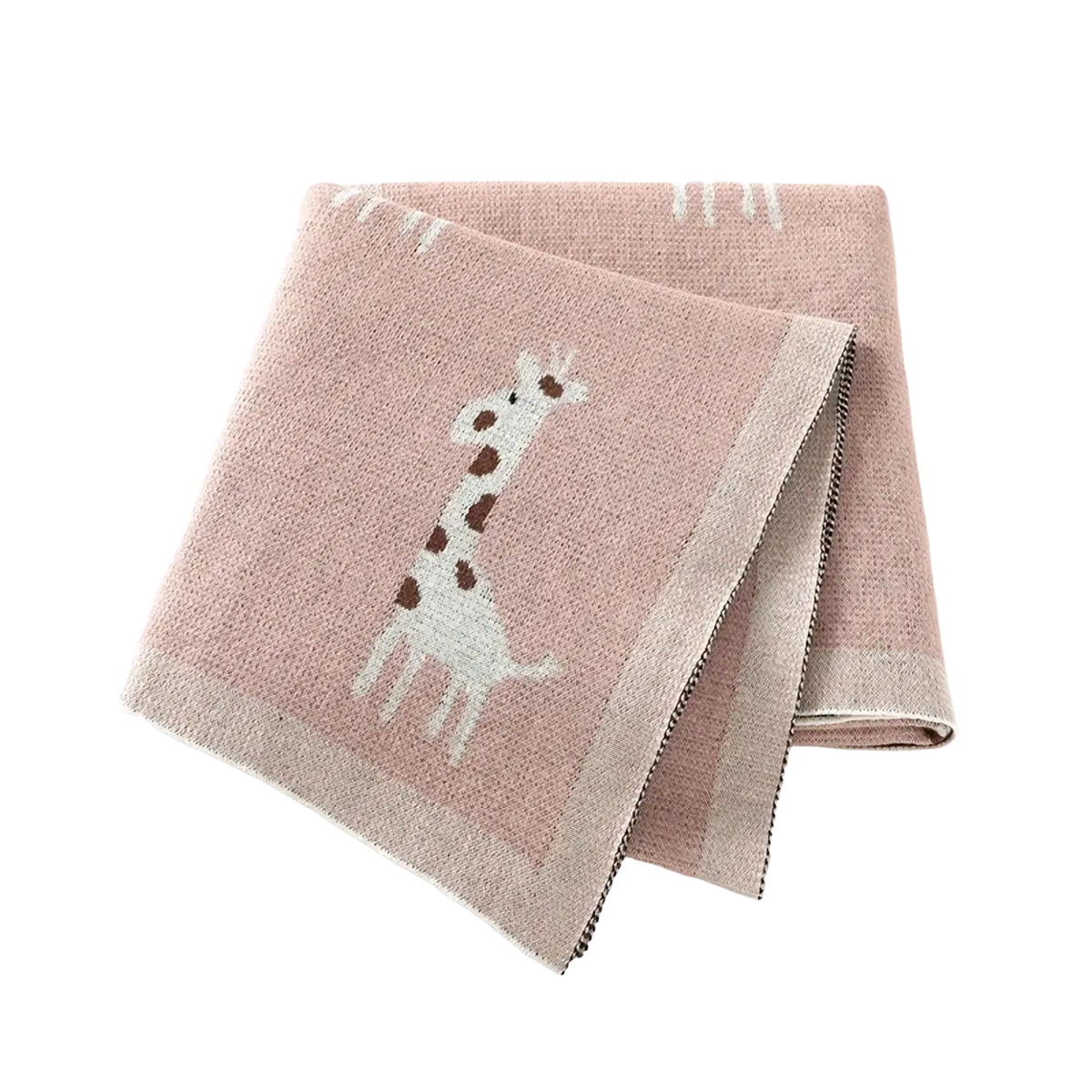 Knitted cotton giraffe baby blanket in soft pink featuring a white and brown giraffe design with textured weave